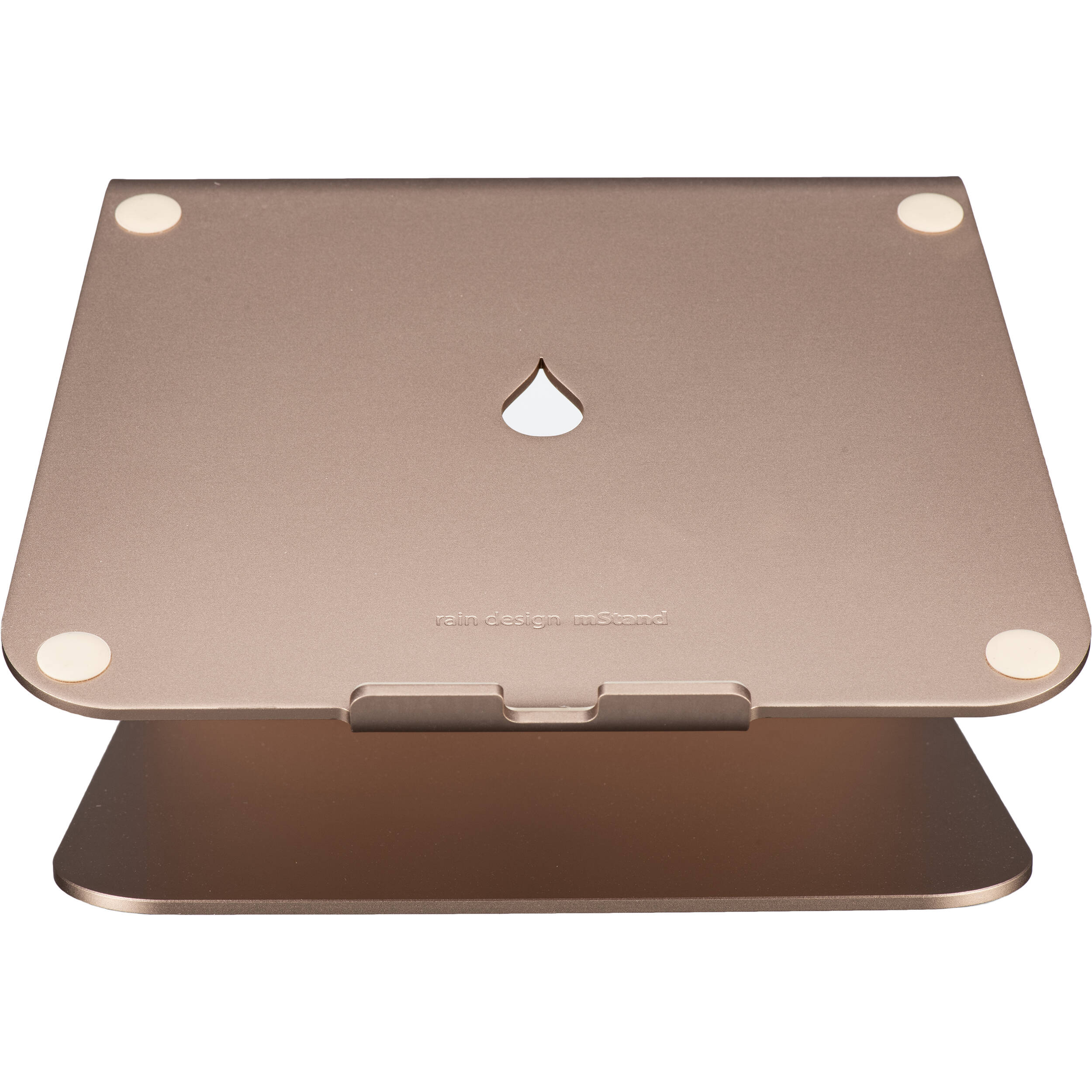 Rain Design mStand gold laptop stand on a desktop workstation — view 2