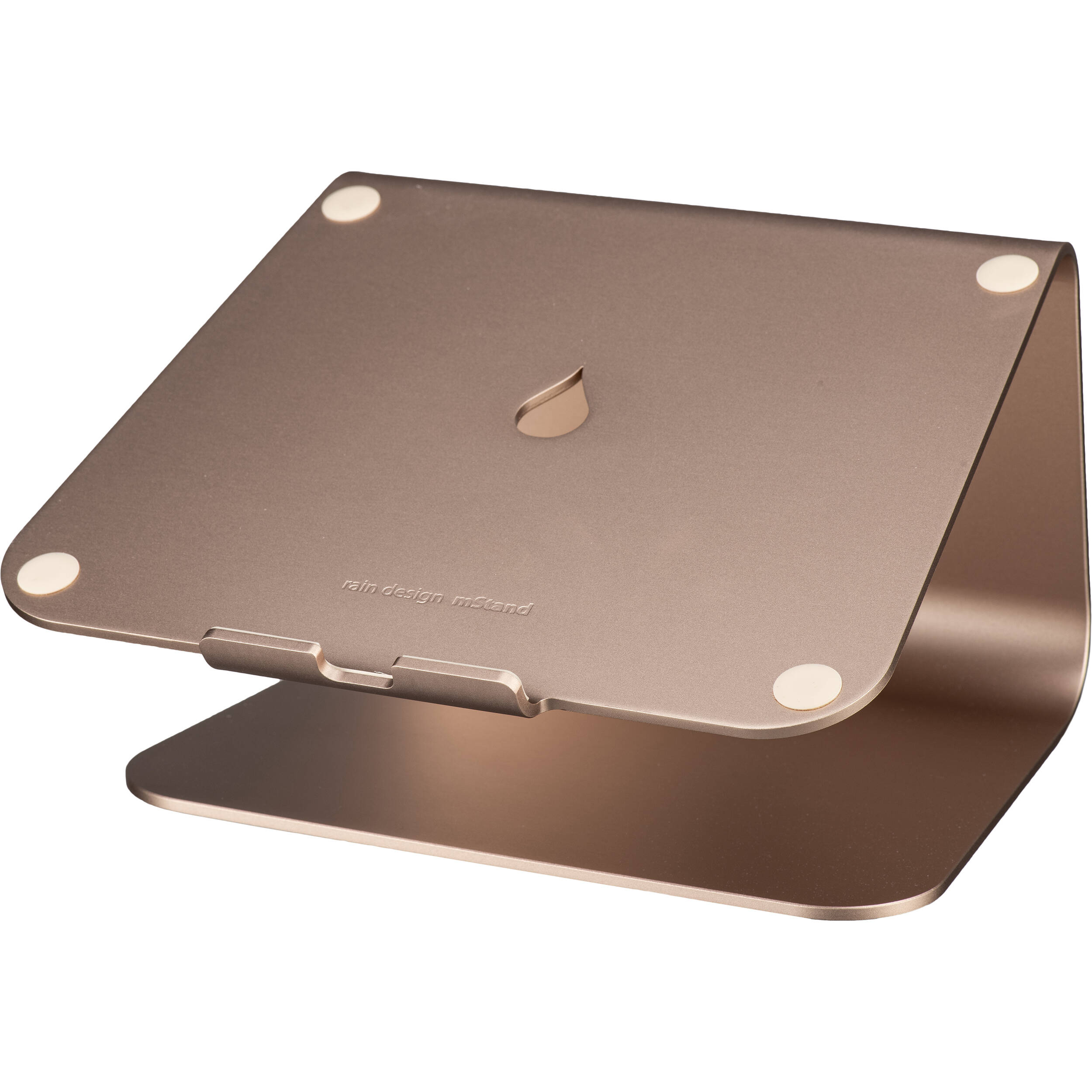Rain Design mStand gold laptop stand on a desktop workstation — view 3