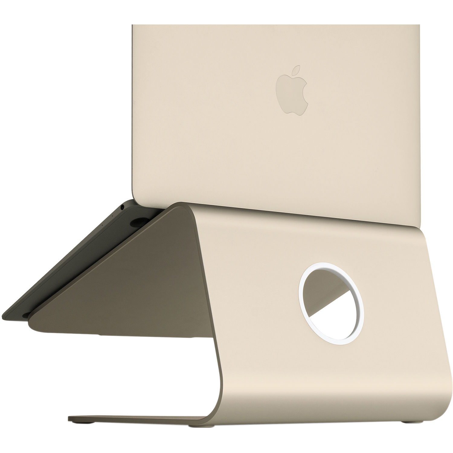 Rain Design mStand gold laptop stand on a desktop workstation — view 5