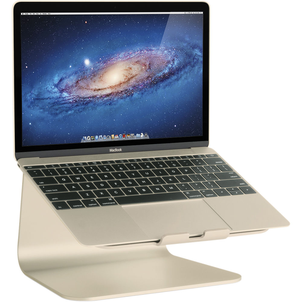 Rain Design mStand gold laptop stand on a desktop workstation — view 6