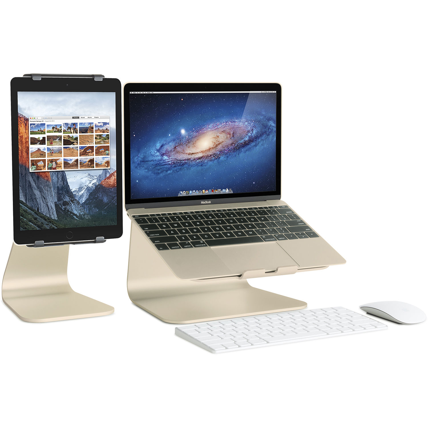 Rain Design mStand gold laptop stand on a desktop workstation — view 7