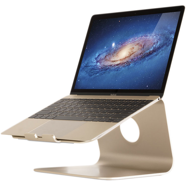 Rain Design mStand gold laptop stand on a desktop workstation — view 8