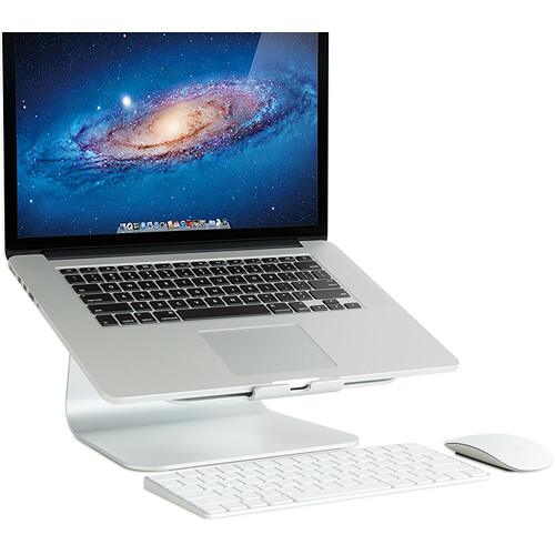 Rain Design mStand black aluminum laptop stand on a desk — view 3