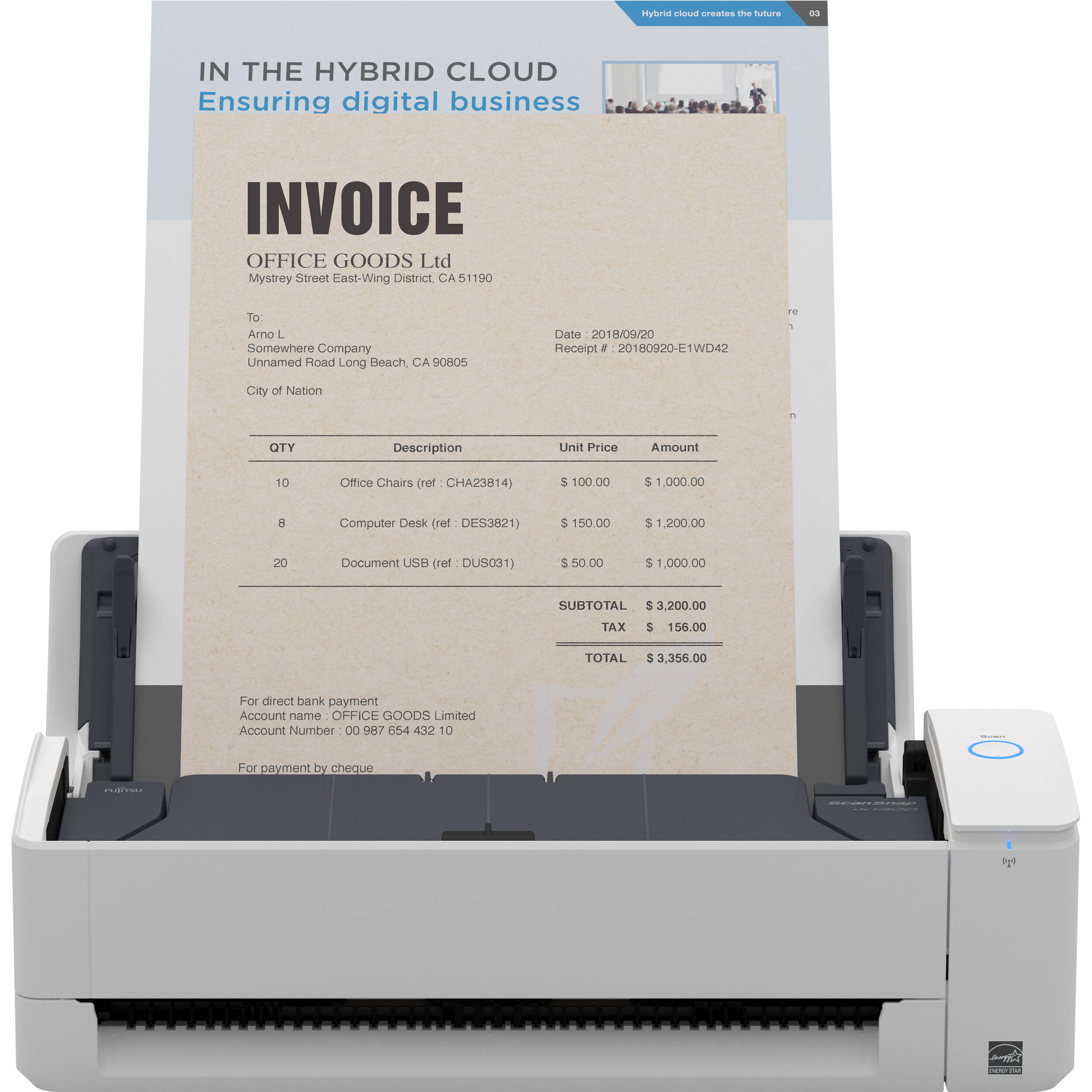 White RICOH ScanSnap iX1300 compact sheetfed document scanner with duplex scanning — view 4
