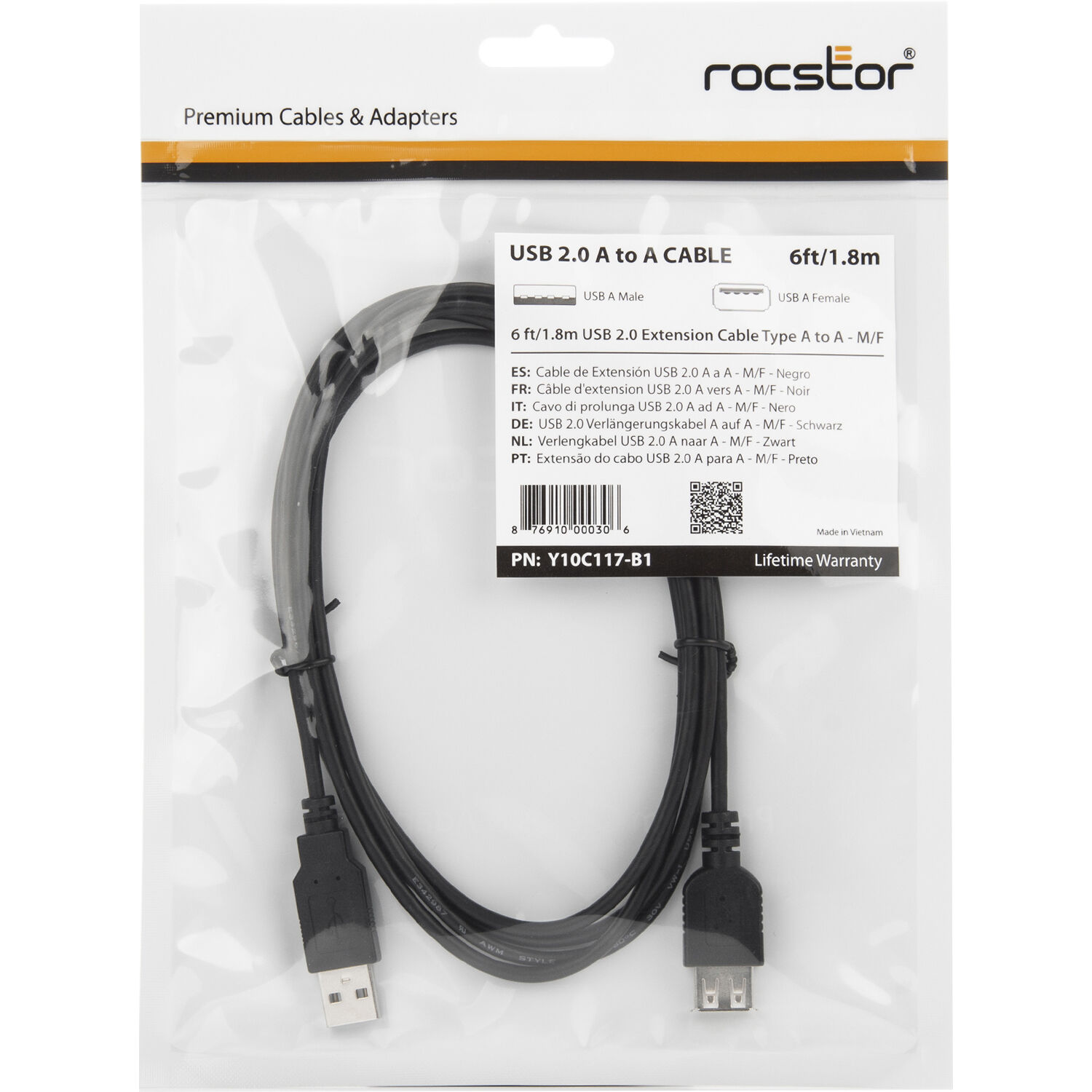 Rocstor 6 ft USB 2.0 extension cable with A male to A female connectors — view 6