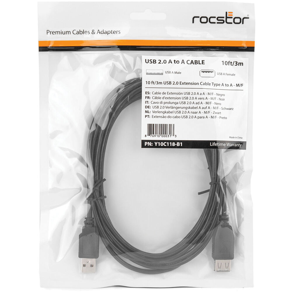 Rocstor 10 ft USB 2.0 extension cable with USB Type-A male to female connectors — view 5