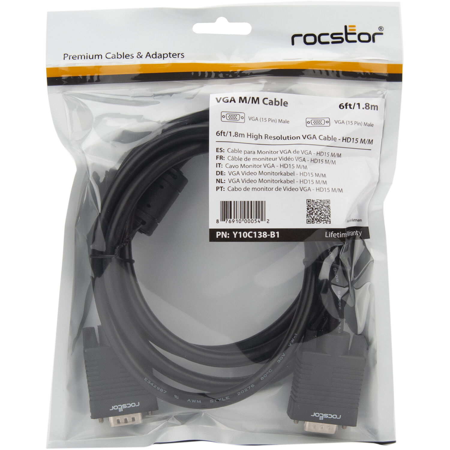 Rocstor 6 ft premium SVGA VGA monitor cable HD-15 male to male black — view 5