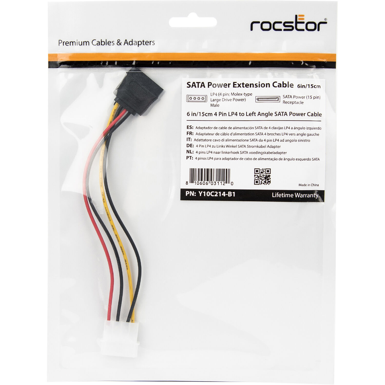 6 inch 4 pin Molex to left angle SATA power cable adapter for SATA drive power — view 8