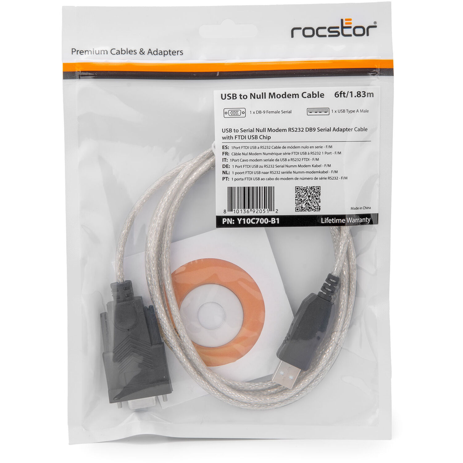 Rocstor 6 ft USB to serial null modem RS232 DB9 adapter cable with FTDI support — view 4