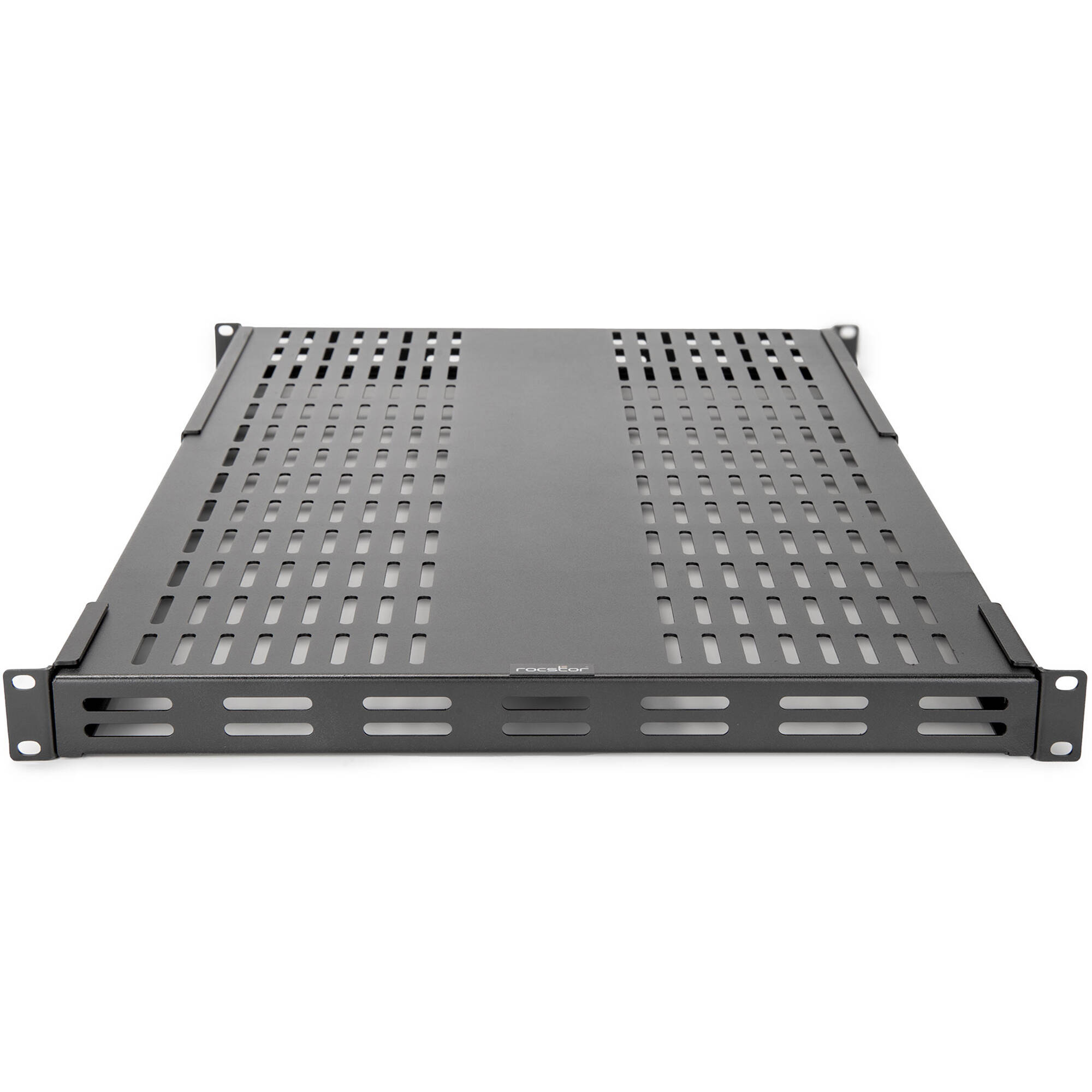 Rocstor 1U adjustable vented steel rack shelf, black, 265 lb capacity — view 2