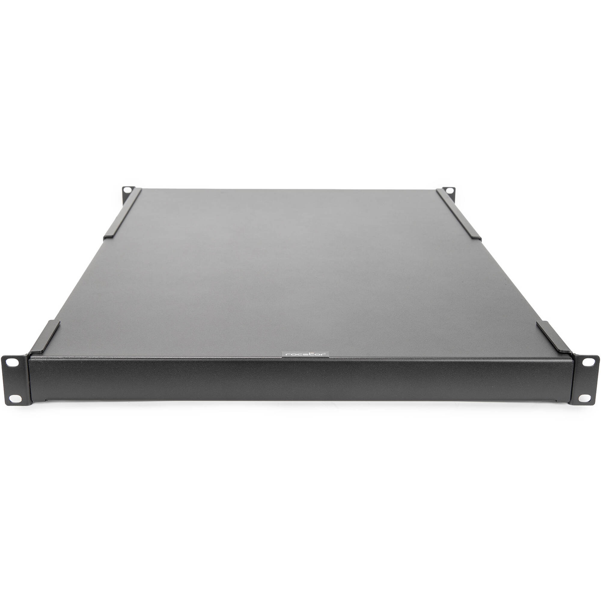 1U adjustable steel rack shelf with universal mounting depth and black finish — view 2