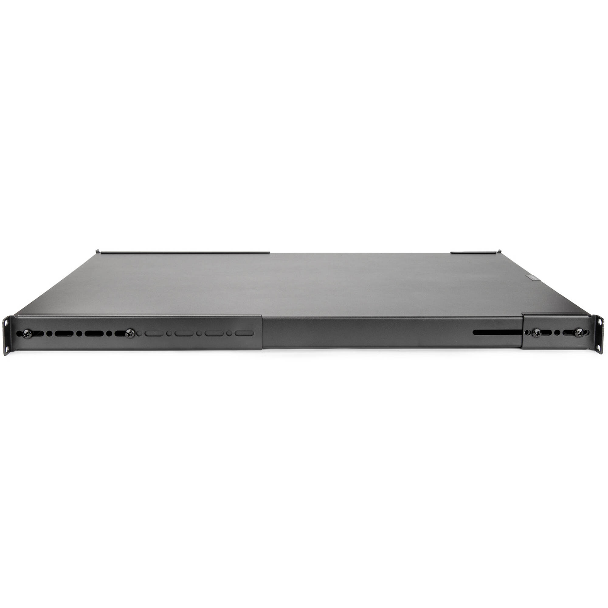 1U adjustable steel rack shelf with universal mounting depth and black finish — view 3