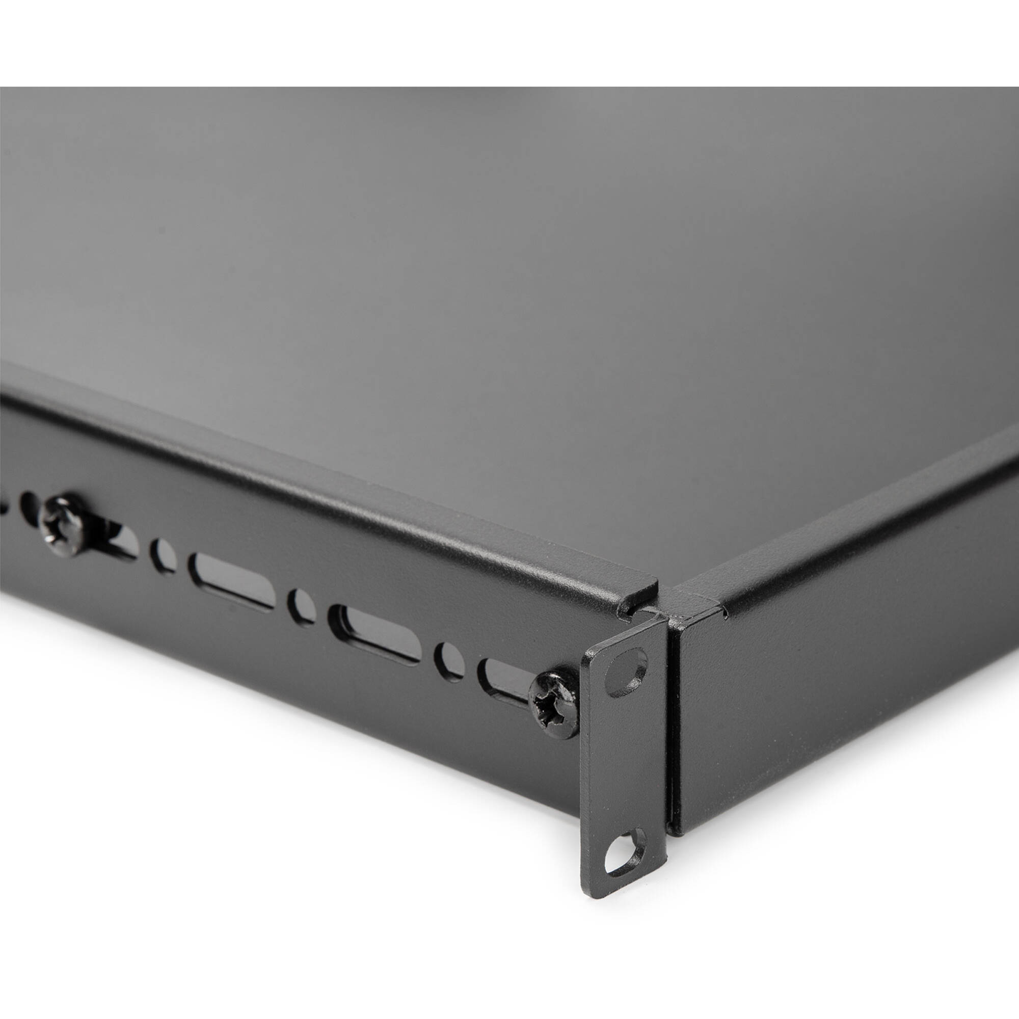 1U adjustable steel rack shelf with universal mounting depth and black finish — view 5