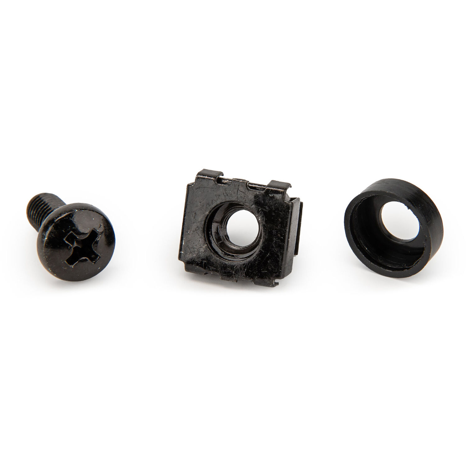 Black M5 x 12 mm rack cage nuts in a 100-pack for cabinet mounting — view 2