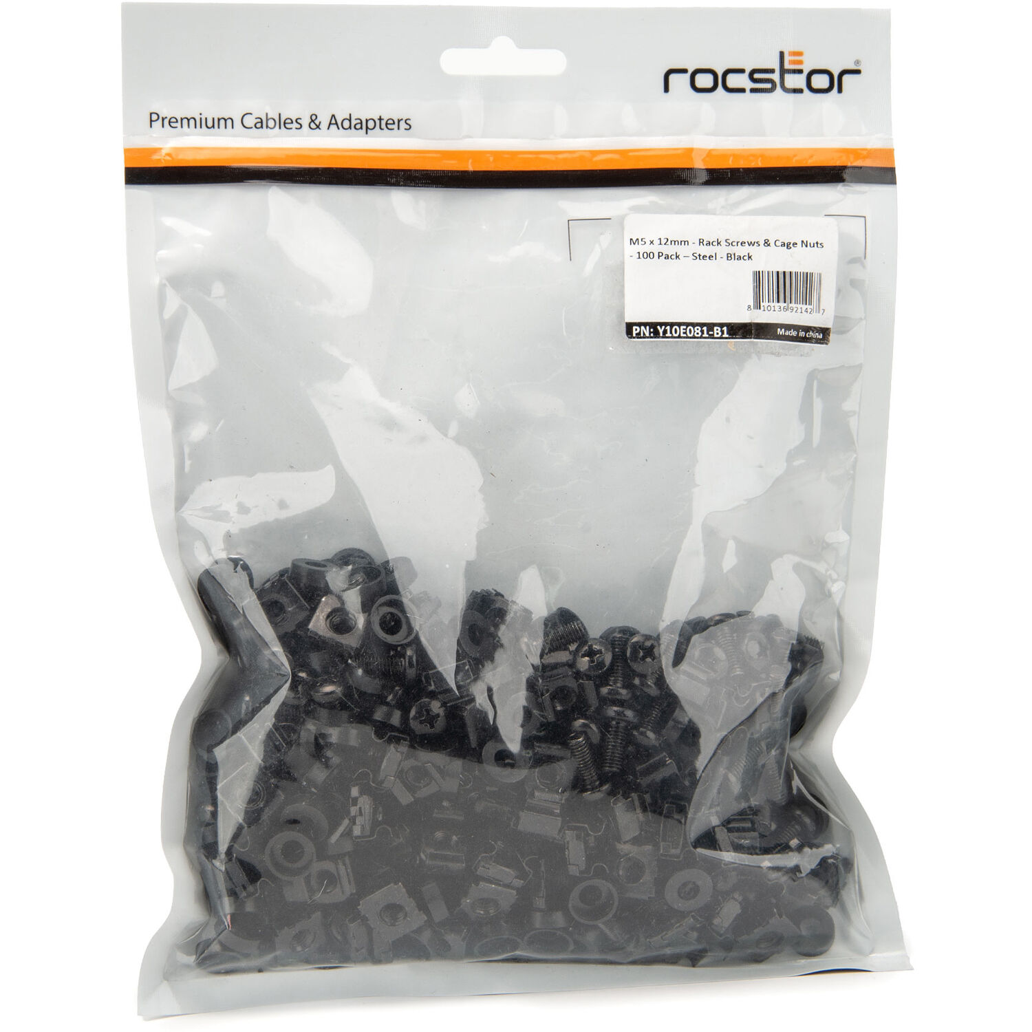 Black M5 x 12 mm rack cage nuts in a 100-pack for cabinet mounting — view 3