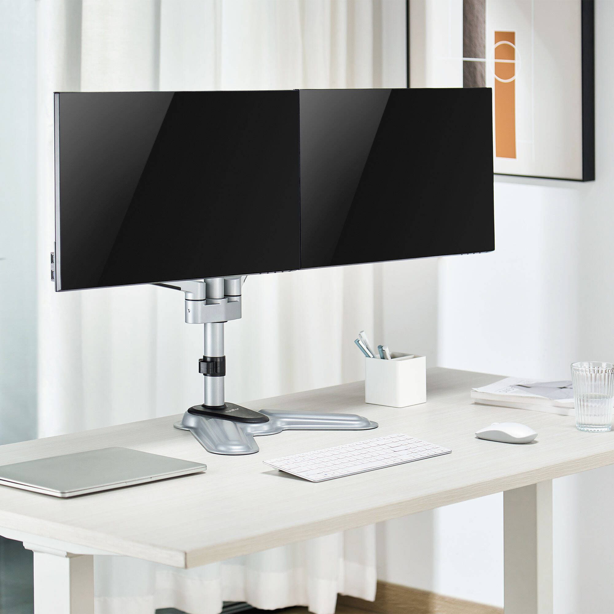 Rocstor ERGOREACH EP9 premium dual ergonomic monitor arm with C-clamp and grommet mounting — view 11