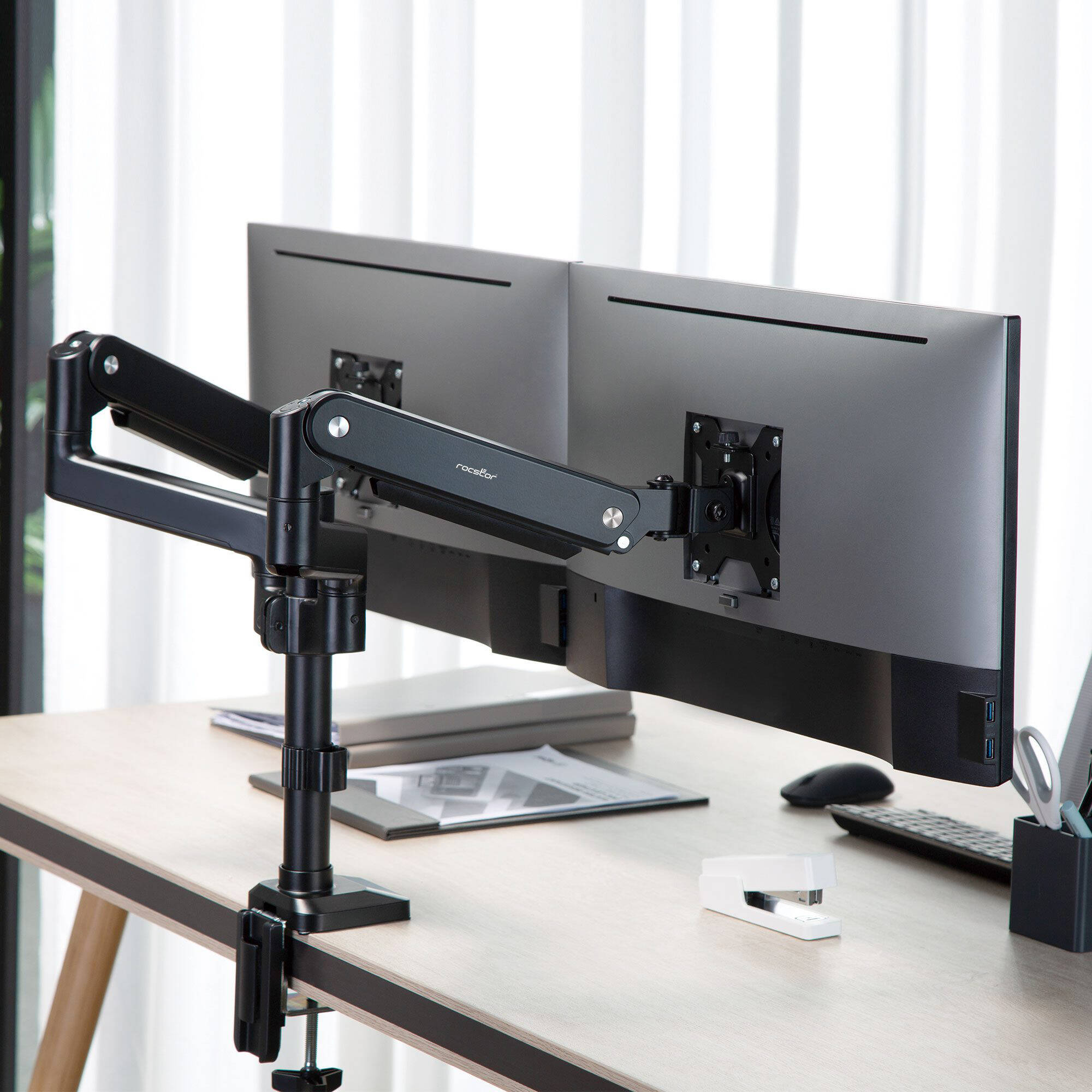 Rocstor ERGOREACH EP9 premium dual ergonomic monitor arm with C-clamp and grommet mounting — view 12