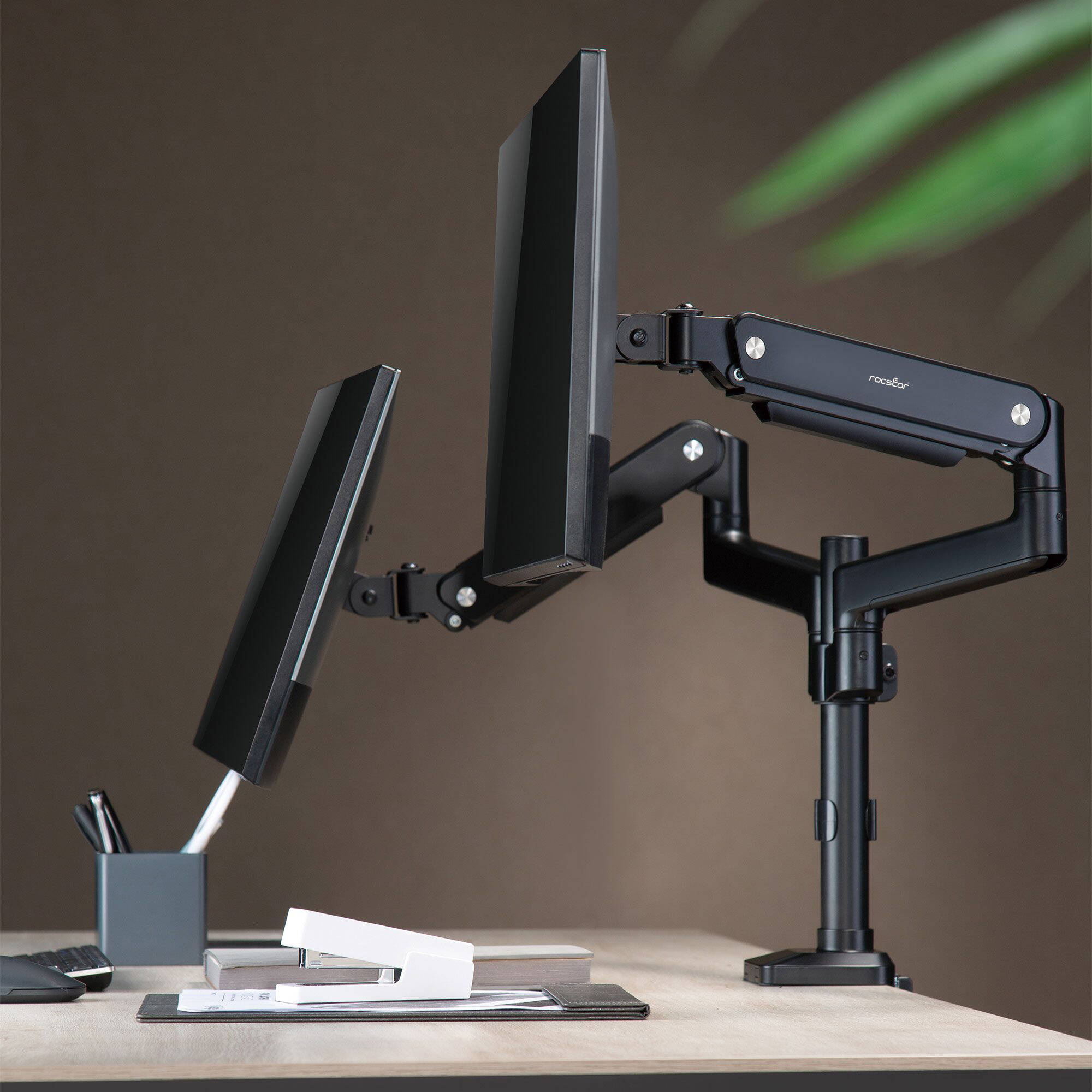 Rocstor ERGOREACH EP9 premium dual ergonomic monitor arm with C-clamp and grommet mounting — view 13