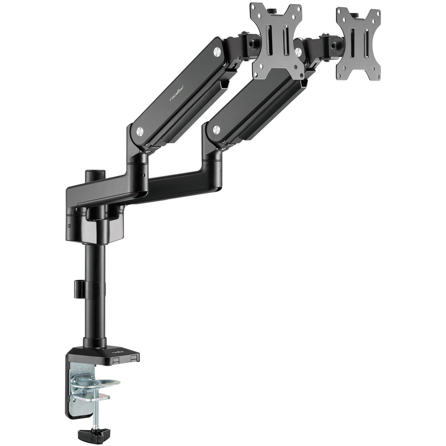 Rocstor ERGOREACH EP9 premium dual ergonomic monitor arm with C-clamp and grommet mounting — view 2