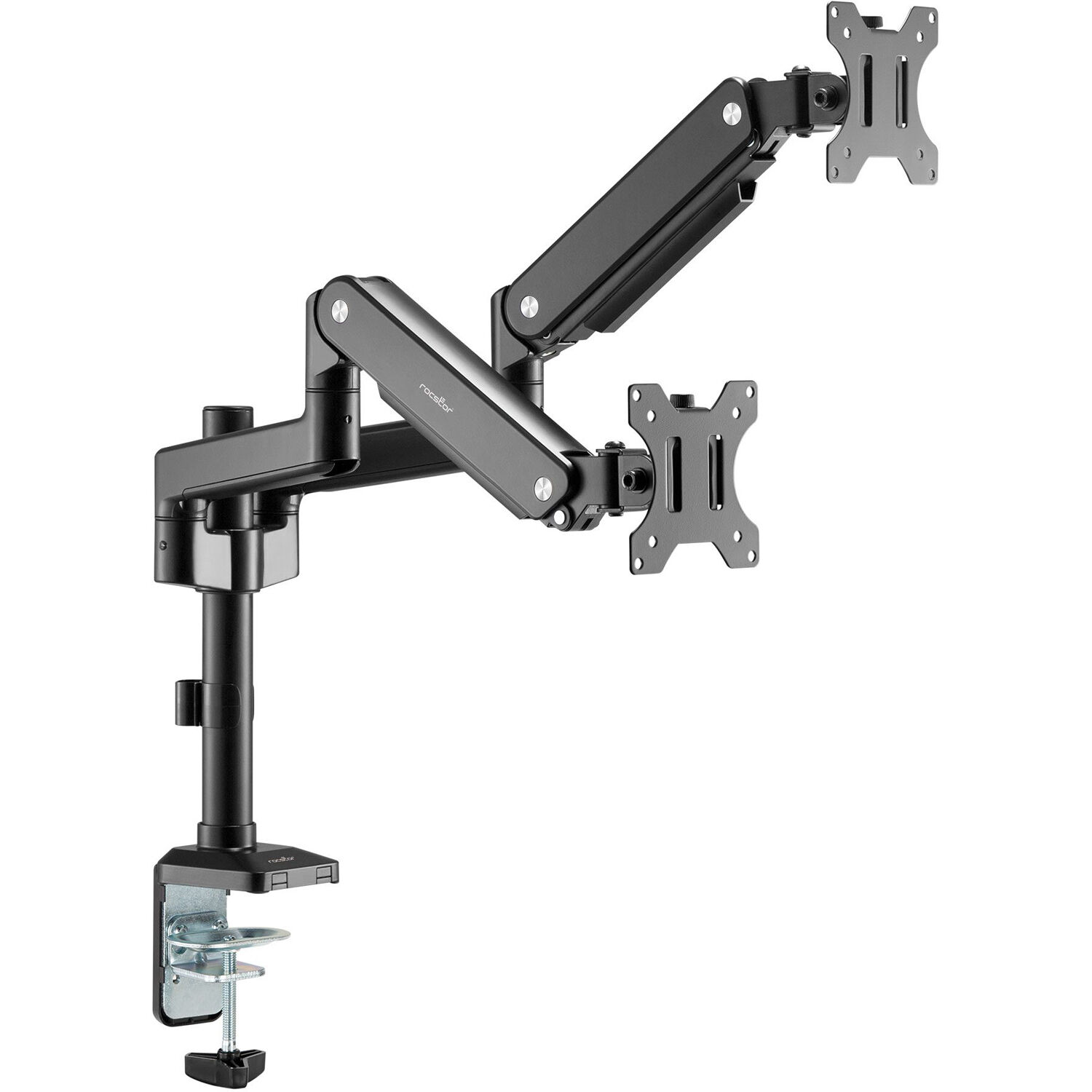 Rocstor ERGOREACH EP9 premium dual ergonomic monitor arm with C-clamp and grommet mounting — view 3