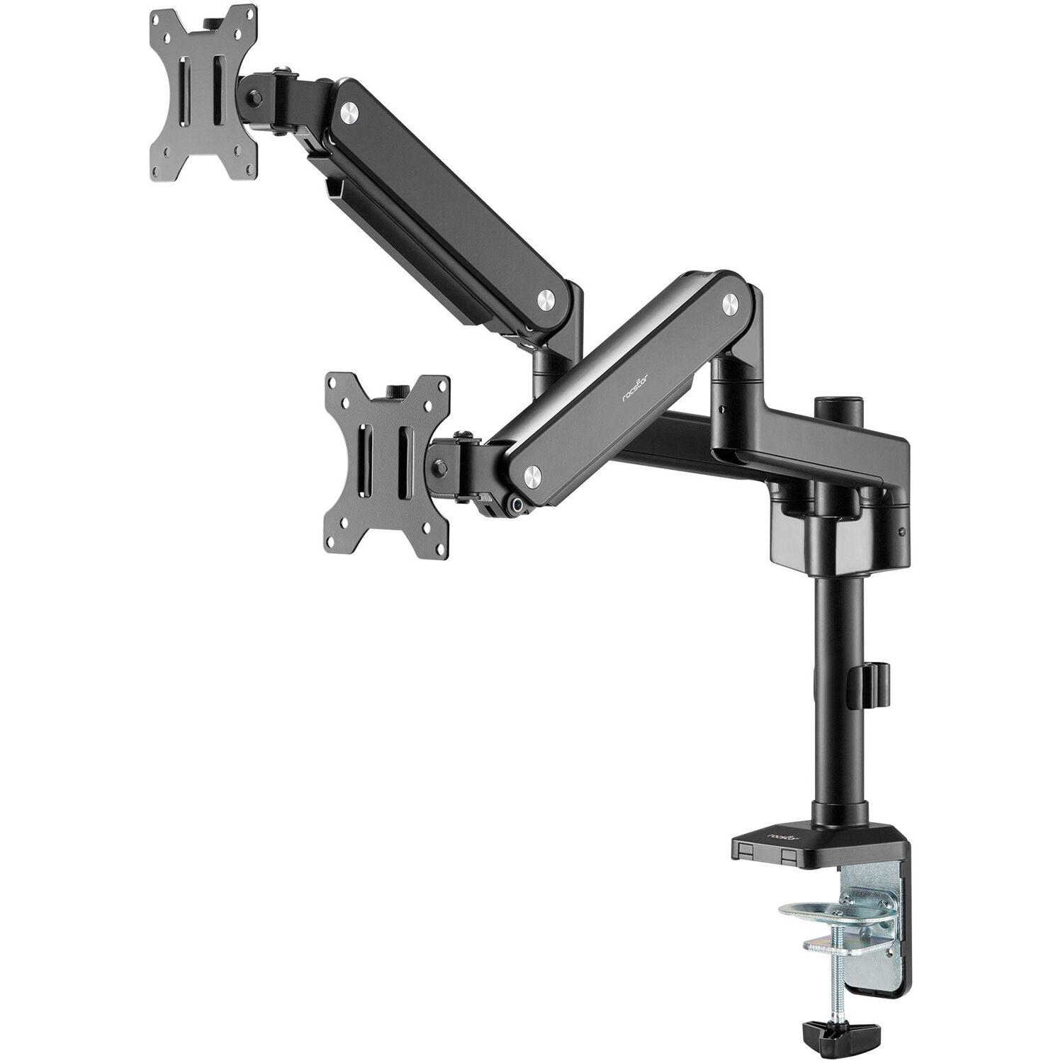 Rocstor ERGOREACH EP9 premium dual ergonomic monitor arm with C-clamp and grommet mounting — view 4