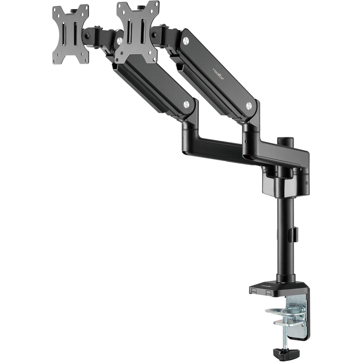 Rocstor ERGOREACH EP9 premium dual ergonomic monitor arm with C-clamp and grommet mounting — view 5