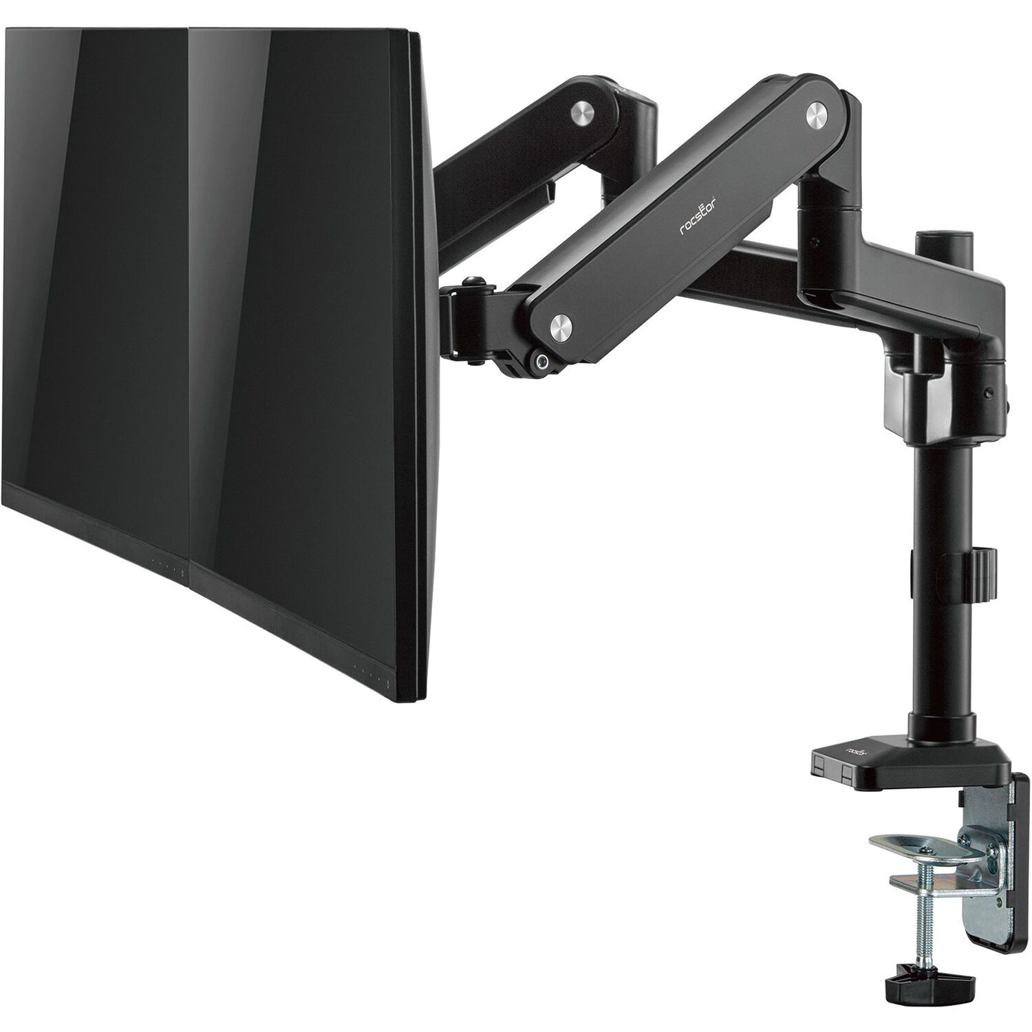 Rocstor ERGOREACH EP9 premium dual ergonomic monitor arm with C-clamp and grommet mounting — view 6