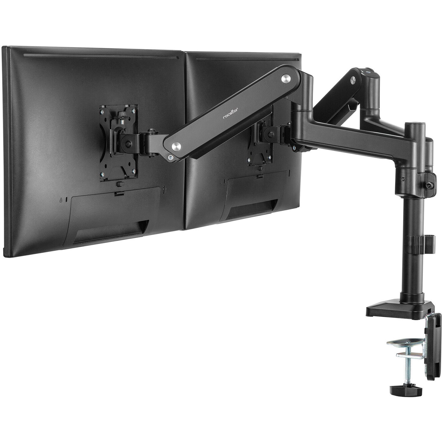 Rocstor ERGOREACH EP9 premium dual ergonomic monitor arm with C-clamp and grommet mounting — view 7