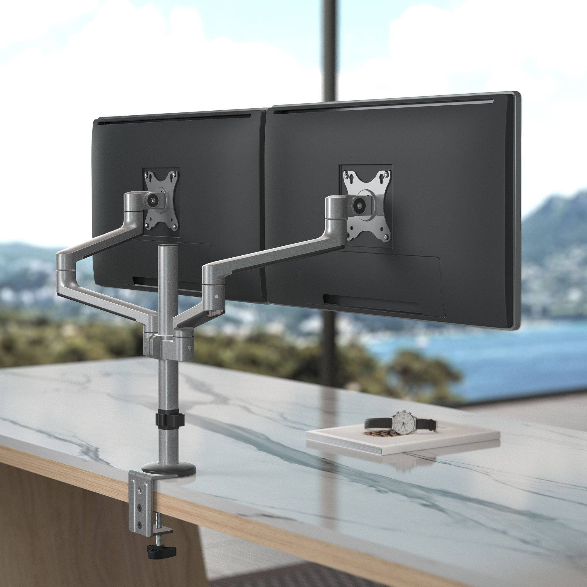 ERGOREACH EP14 premium aluminum articulating dual-screen monitor mount for two displays — view 14