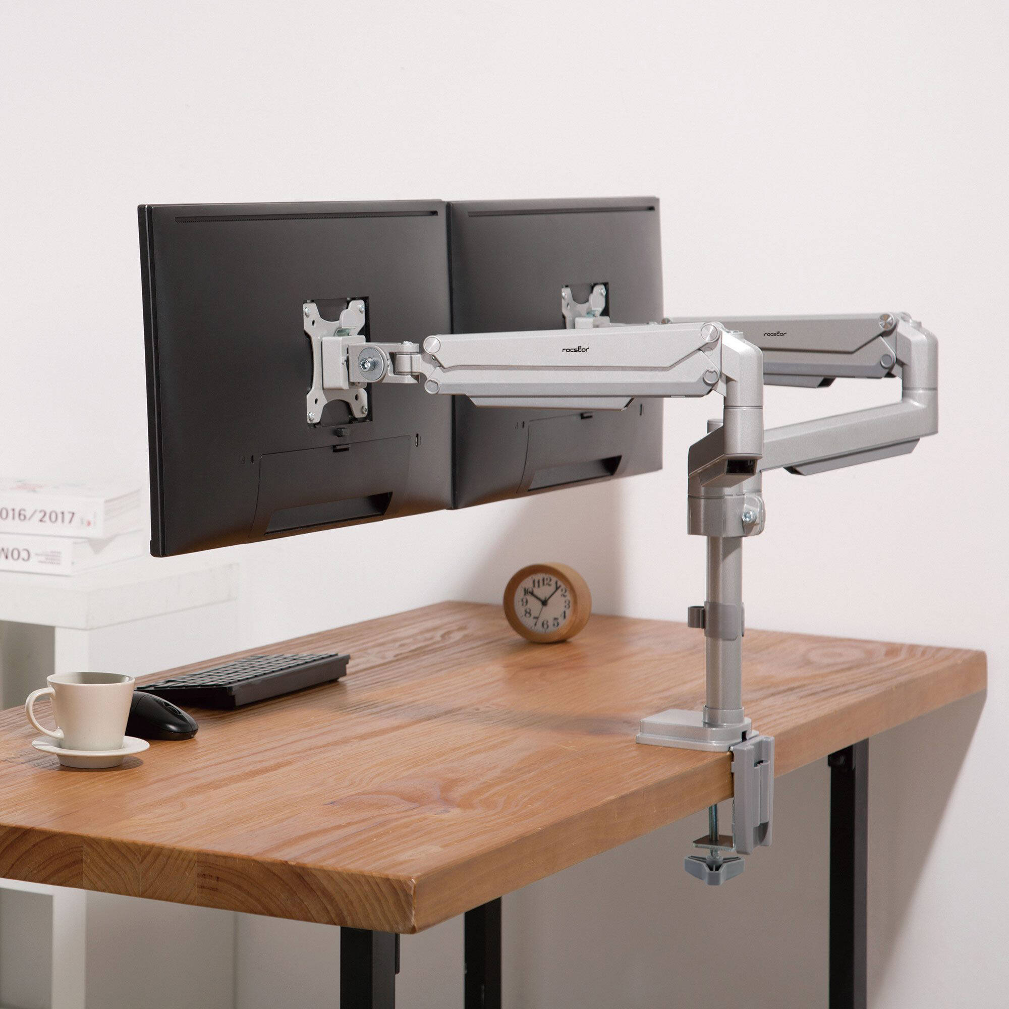 Premium aluminum dual monitor arm with C-clamp and grommet mounting for ergonomic desk setups — view 10