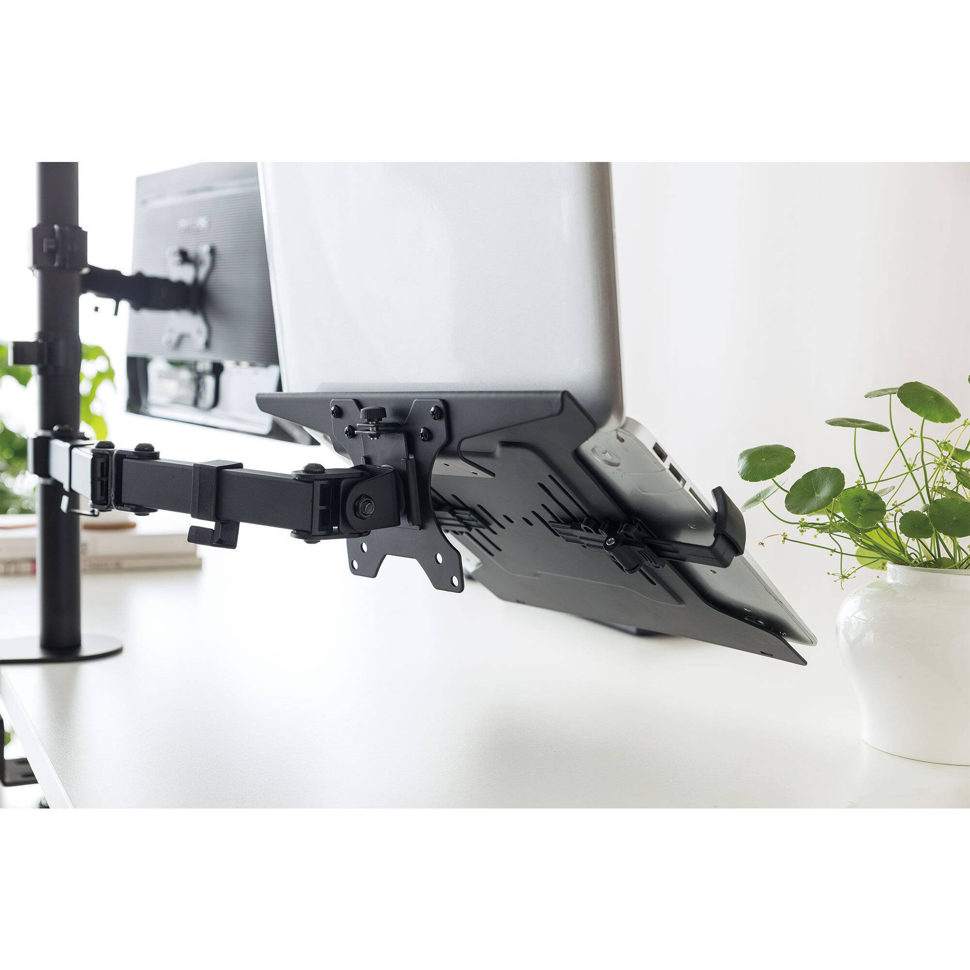 Rocstor premium VESA laptop tray mounted on an adjustable monitor arm for secure notebook placement — view 11