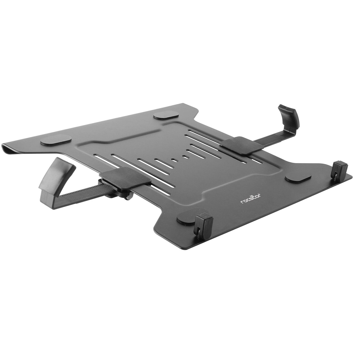 Rocstor premium VESA laptop tray mounted on an adjustable monitor arm for secure notebook placement — view 2