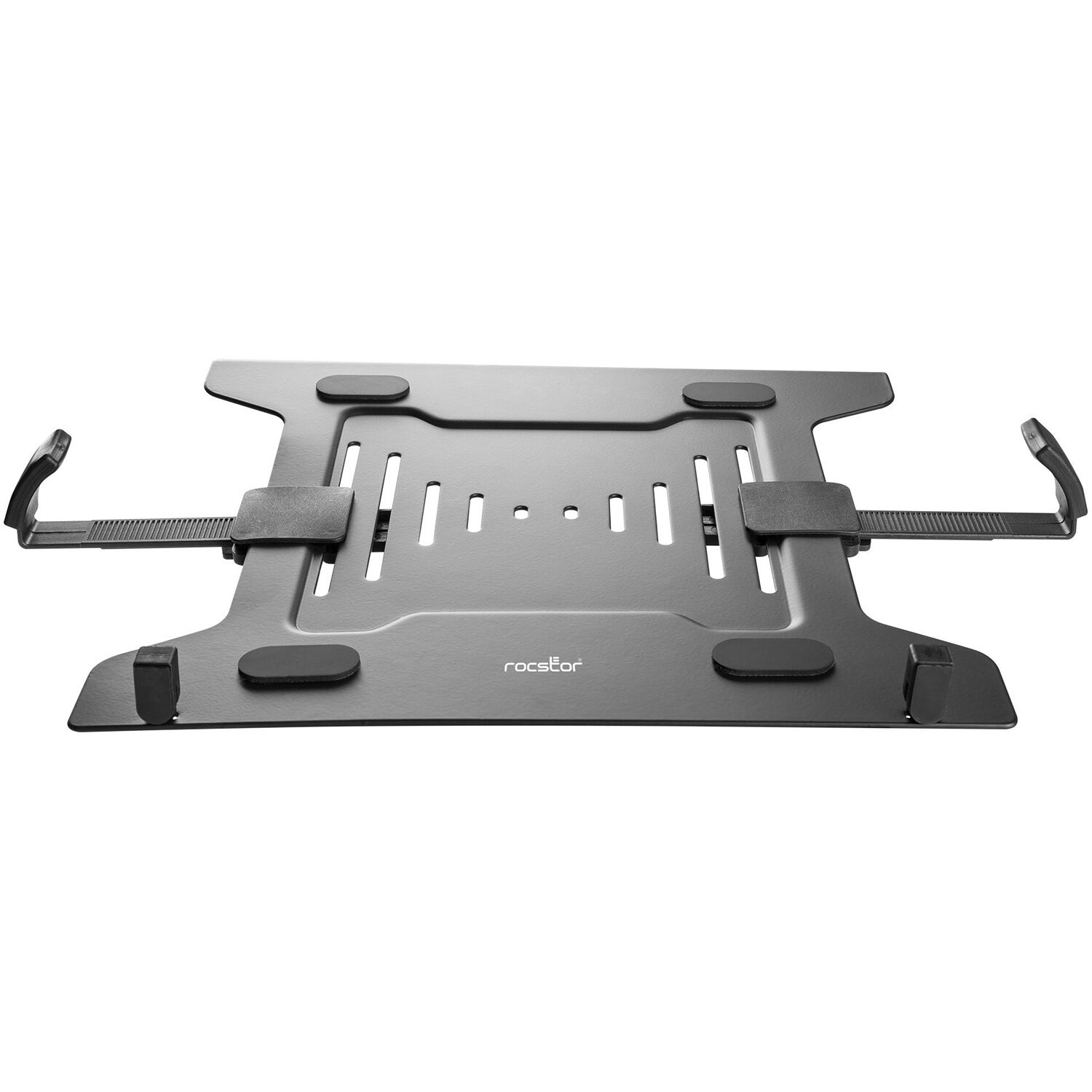 Rocstor premium VESA laptop tray mounted on an adjustable monitor arm for secure notebook placement — view 3