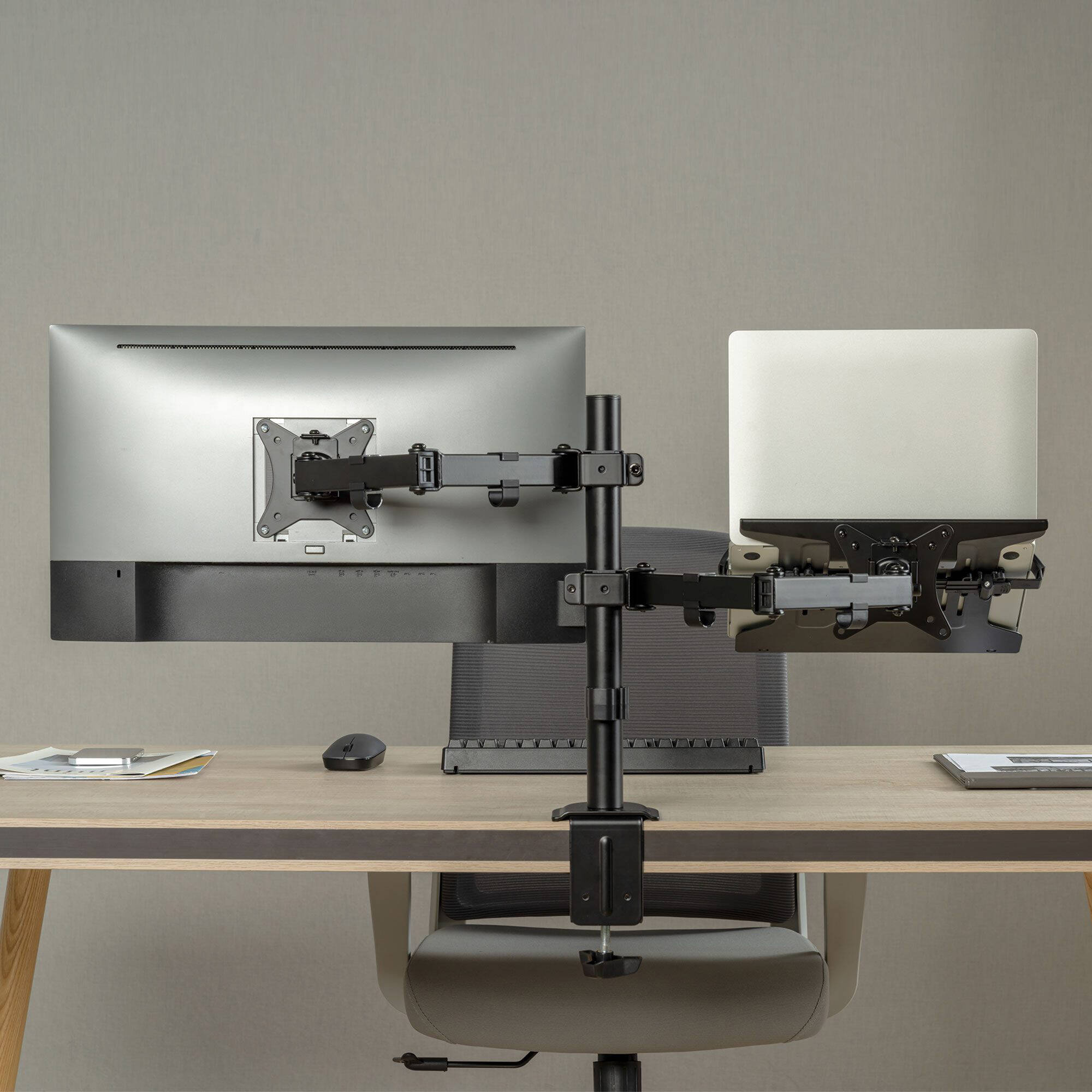 Rocstor premium VESA laptop tray mounted to an adjustable monitor arm — view 10