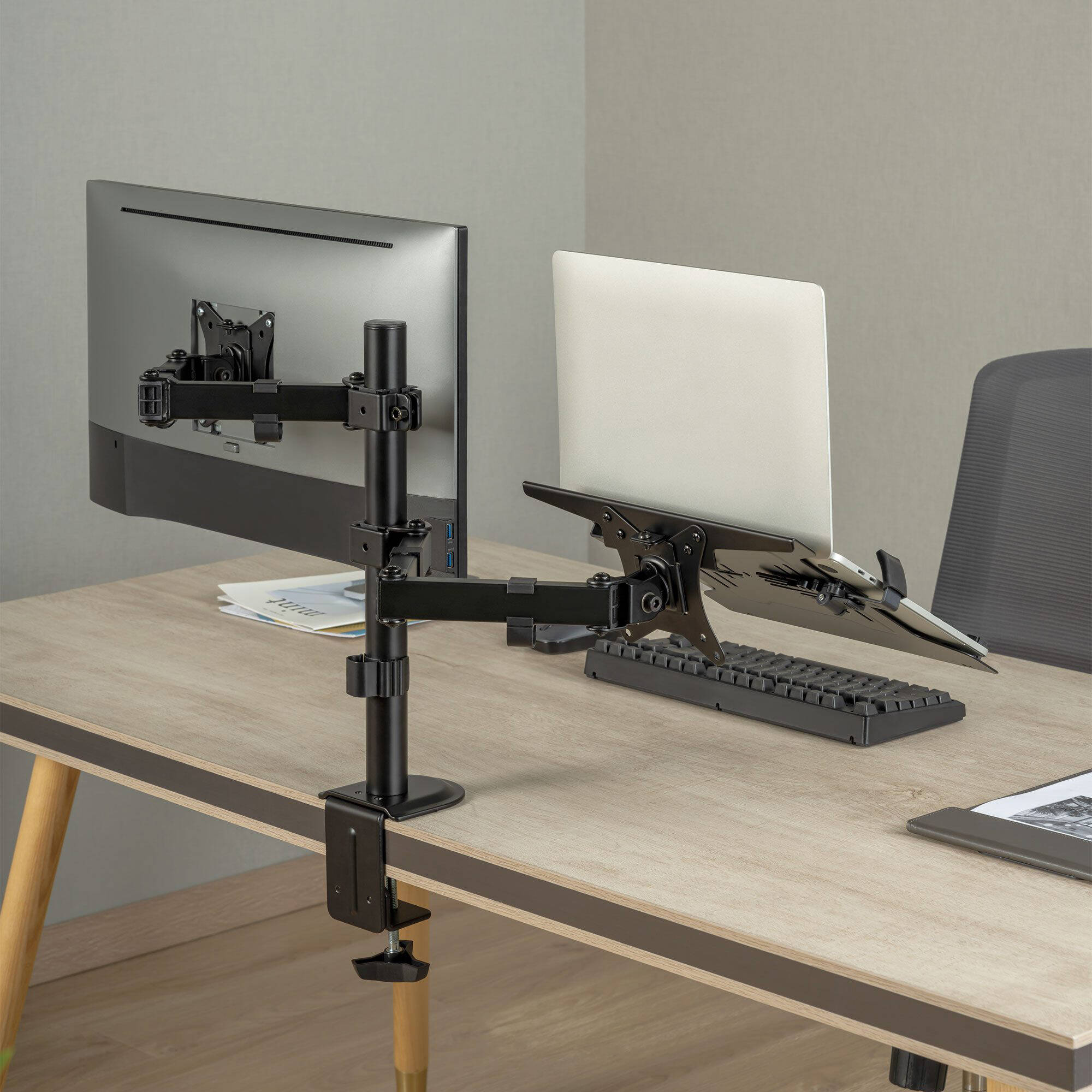 Rocstor premium VESA laptop tray mounted to an adjustable monitor arm — view 11