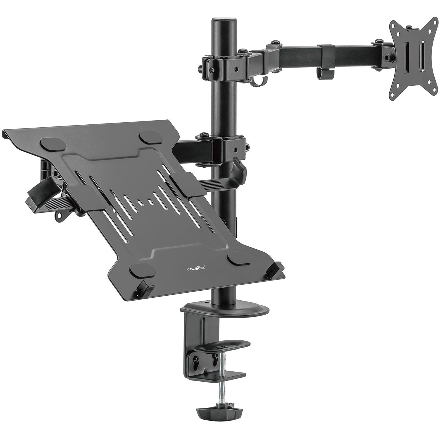 Rocstor premium VESA laptop tray mounted to an adjustable monitor arm — view 2