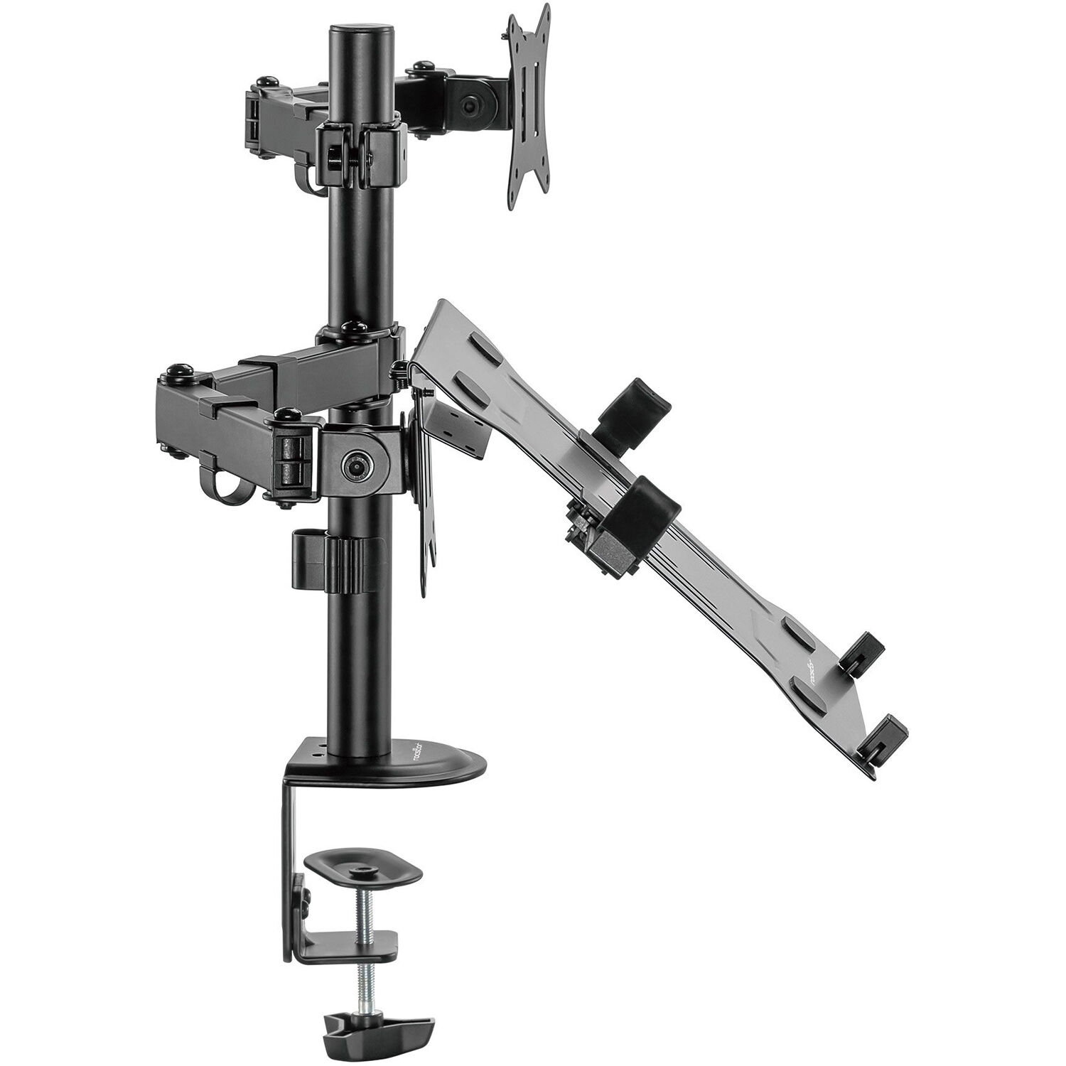 Rocstor premium VESA laptop tray mounted to an adjustable monitor arm — view 3