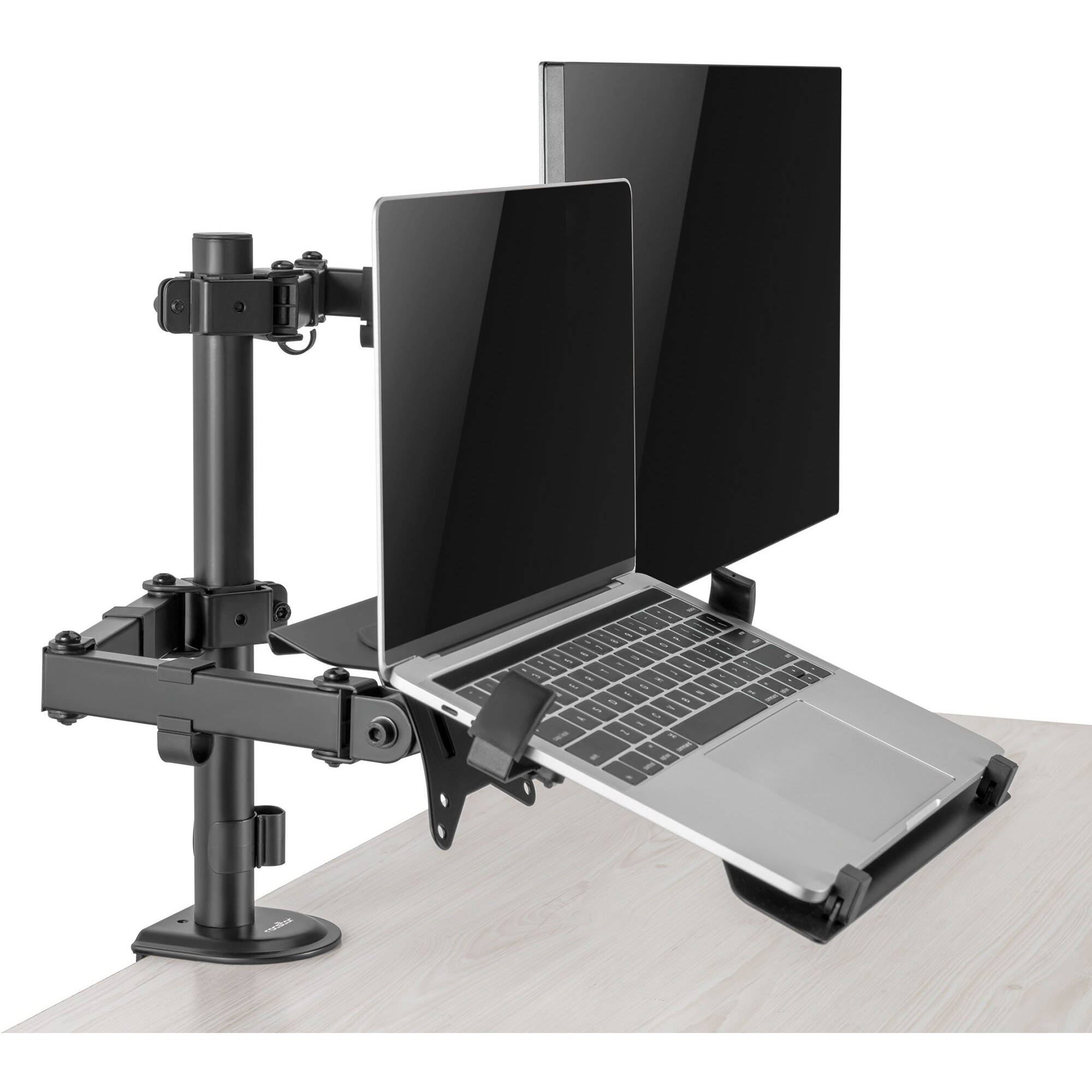Rocstor premium VESA laptop tray mounted to an adjustable monitor arm — view 8
