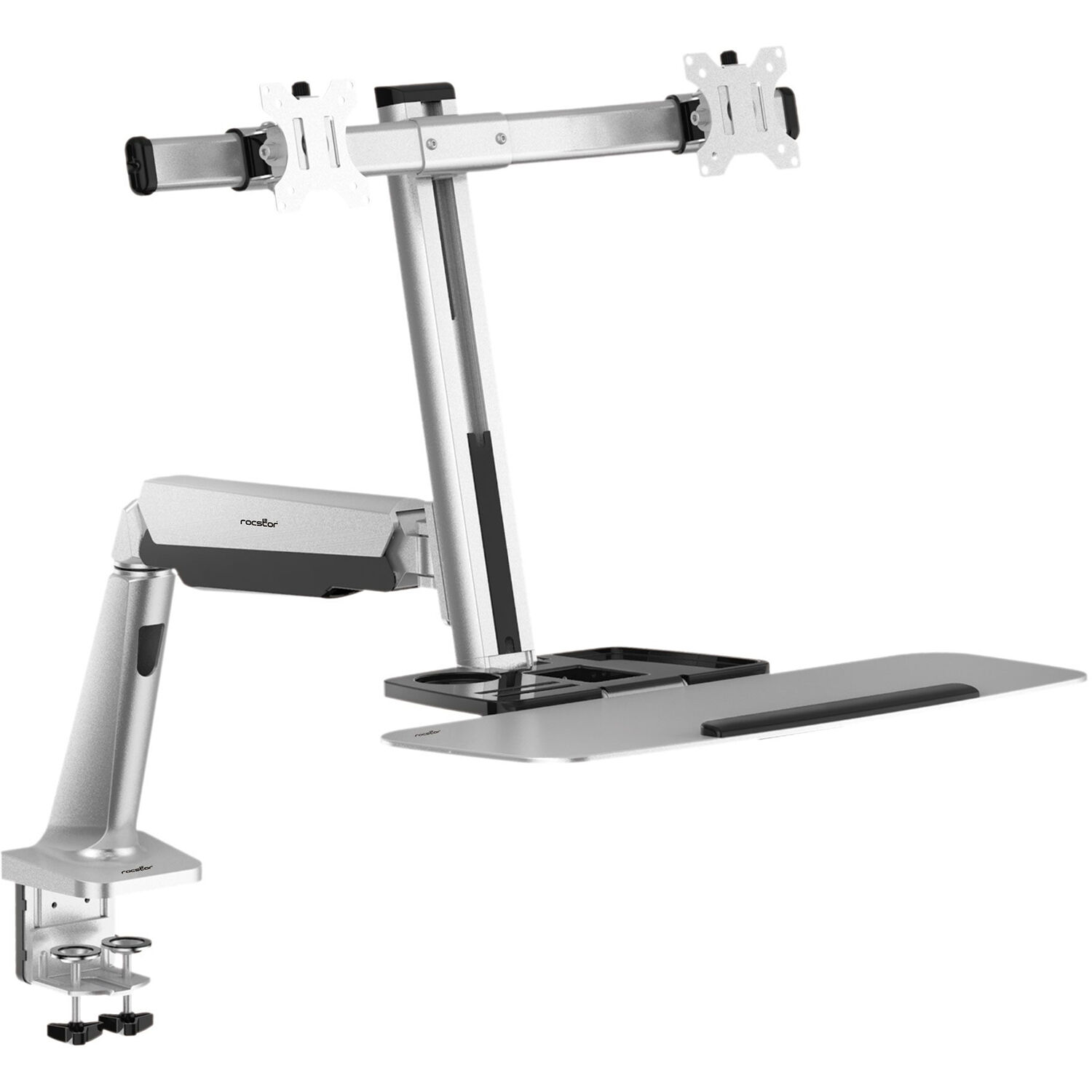 Dual monitor desk mount workstation with C-clamp and grommet mounting for office desks — view 2