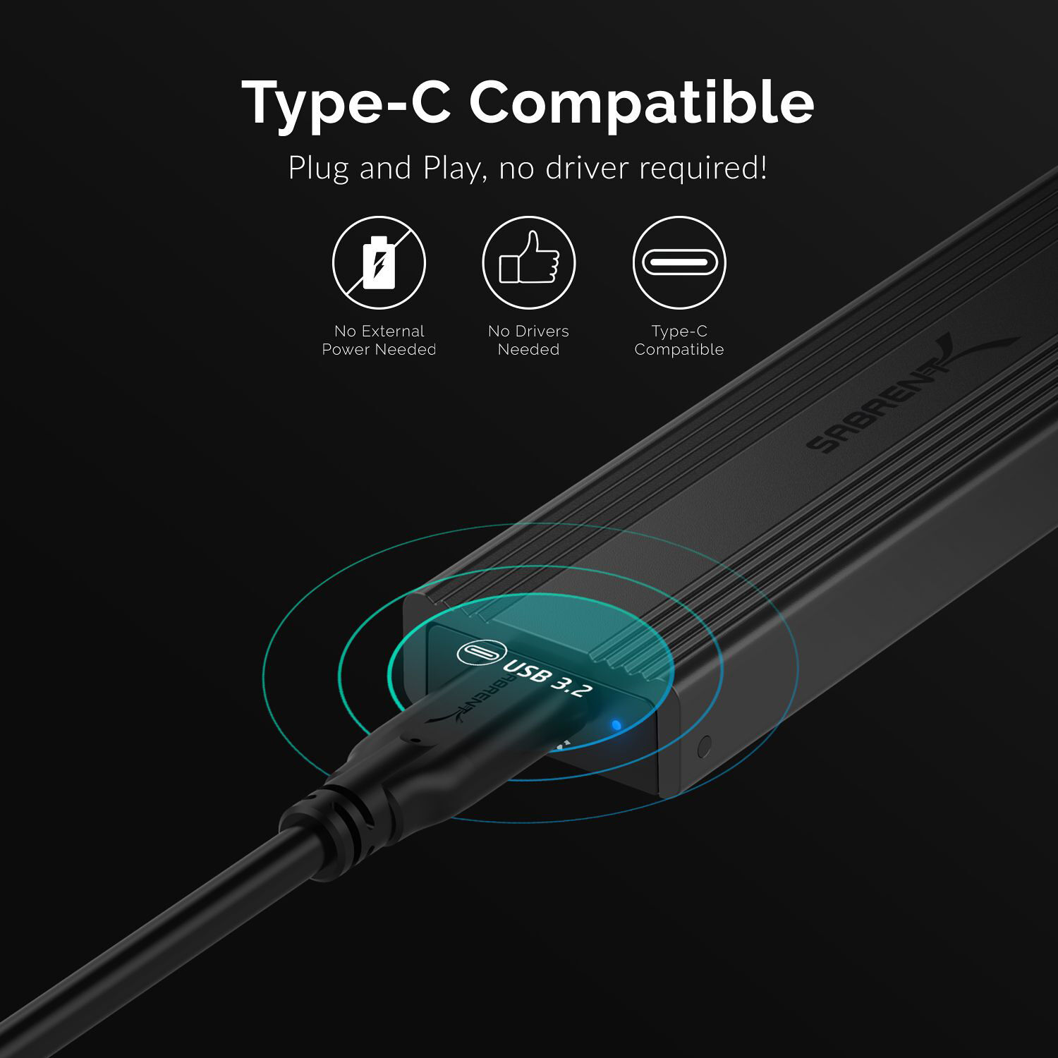 Sabrent EC-SNVE USB 3.2 Type-C tool-free M.2 NVMe and SATA SSD enclosure — view 4