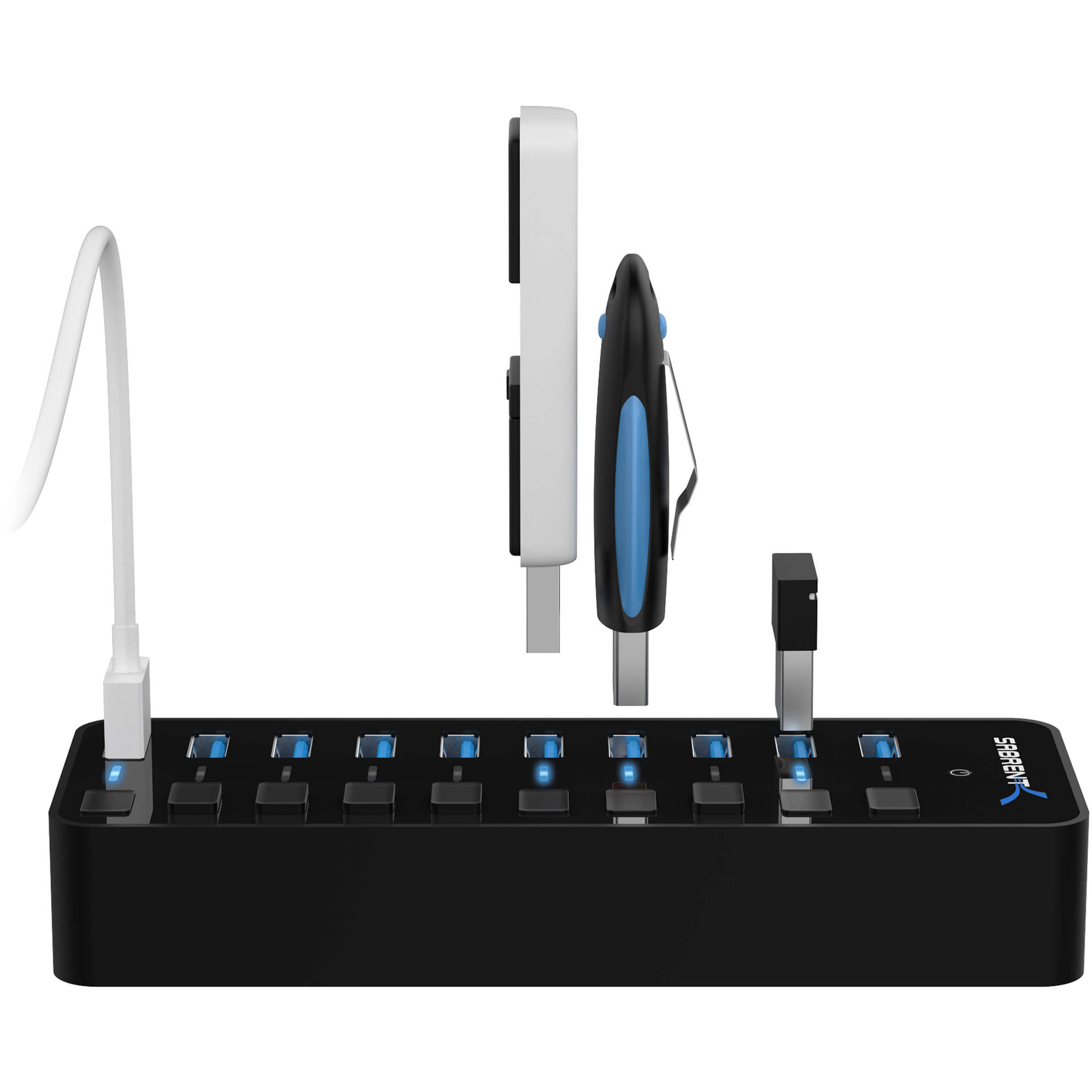 Sabrent HB-BU10 10-port USB 3.0 hub with individual power switches and LED indicators — view 2