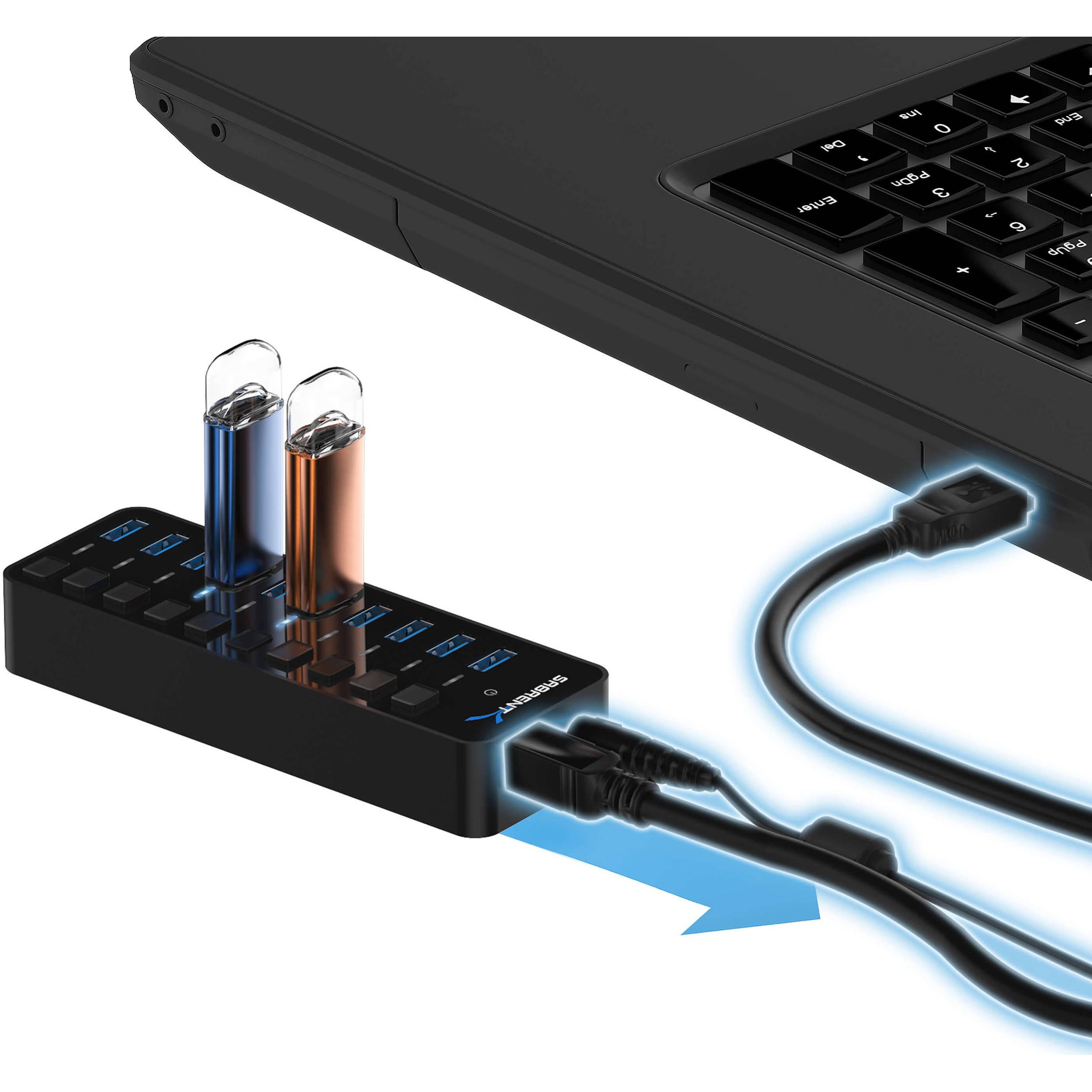 Sabrent HB-BU10 10-port USB 3.0 hub with individual power switches and LED indicators — view 5