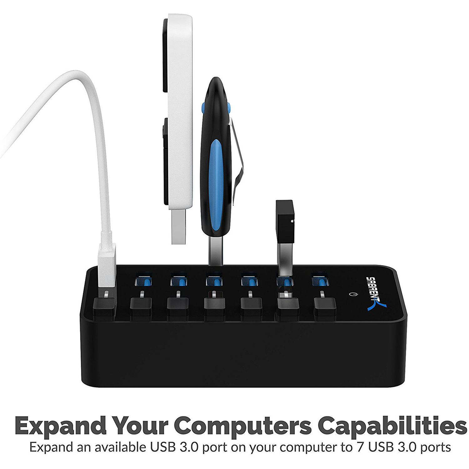 SABRENT 7PORT USB 3.0 HUB 5GBPS WITH POWER SWITCH  LEDS W/ 36W 12V/3A — view 2