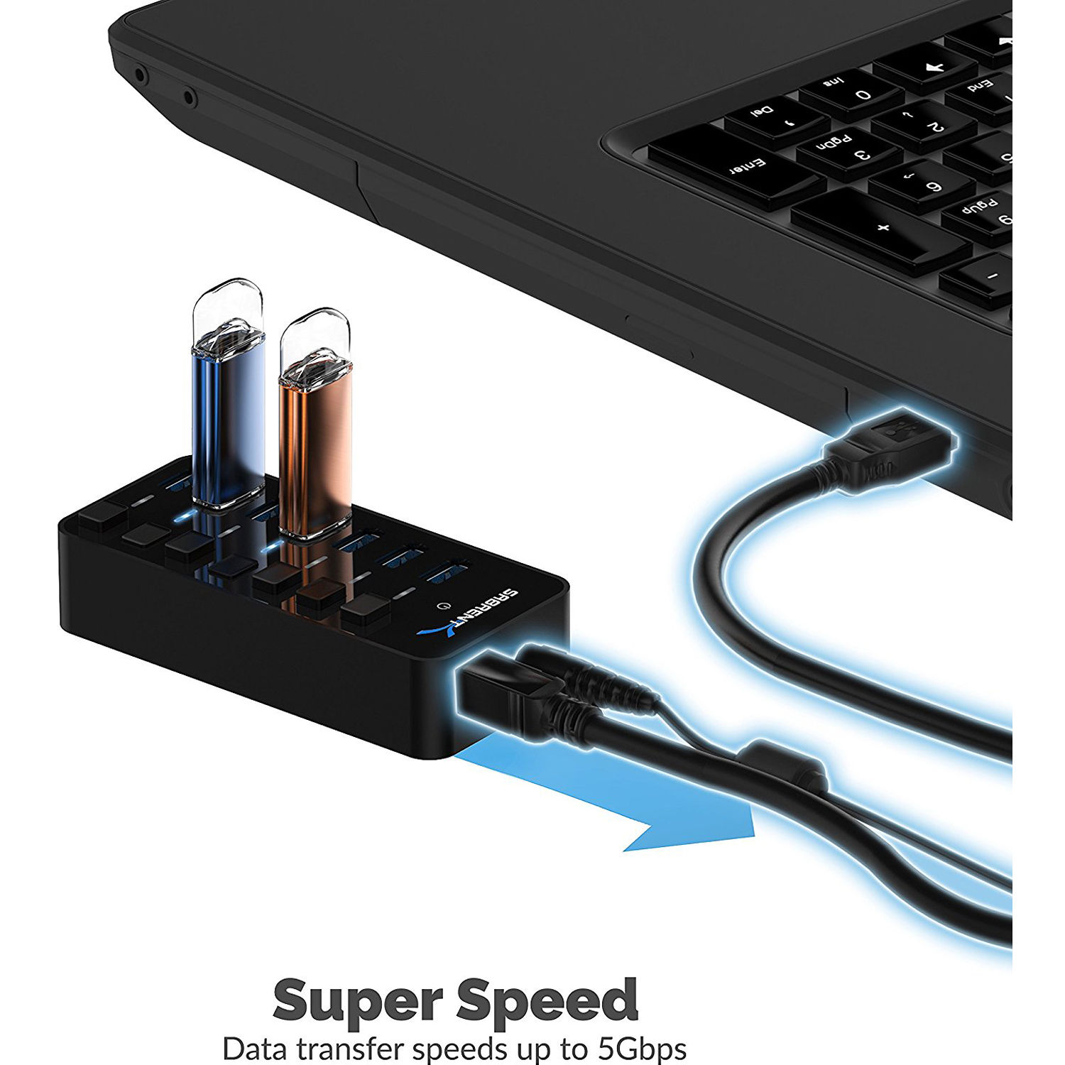 SABRENT 7PORT USB 3.0 HUB 5GBPS WITH POWER SWITCH  LEDS W/ 36W 12V/3A — view 3