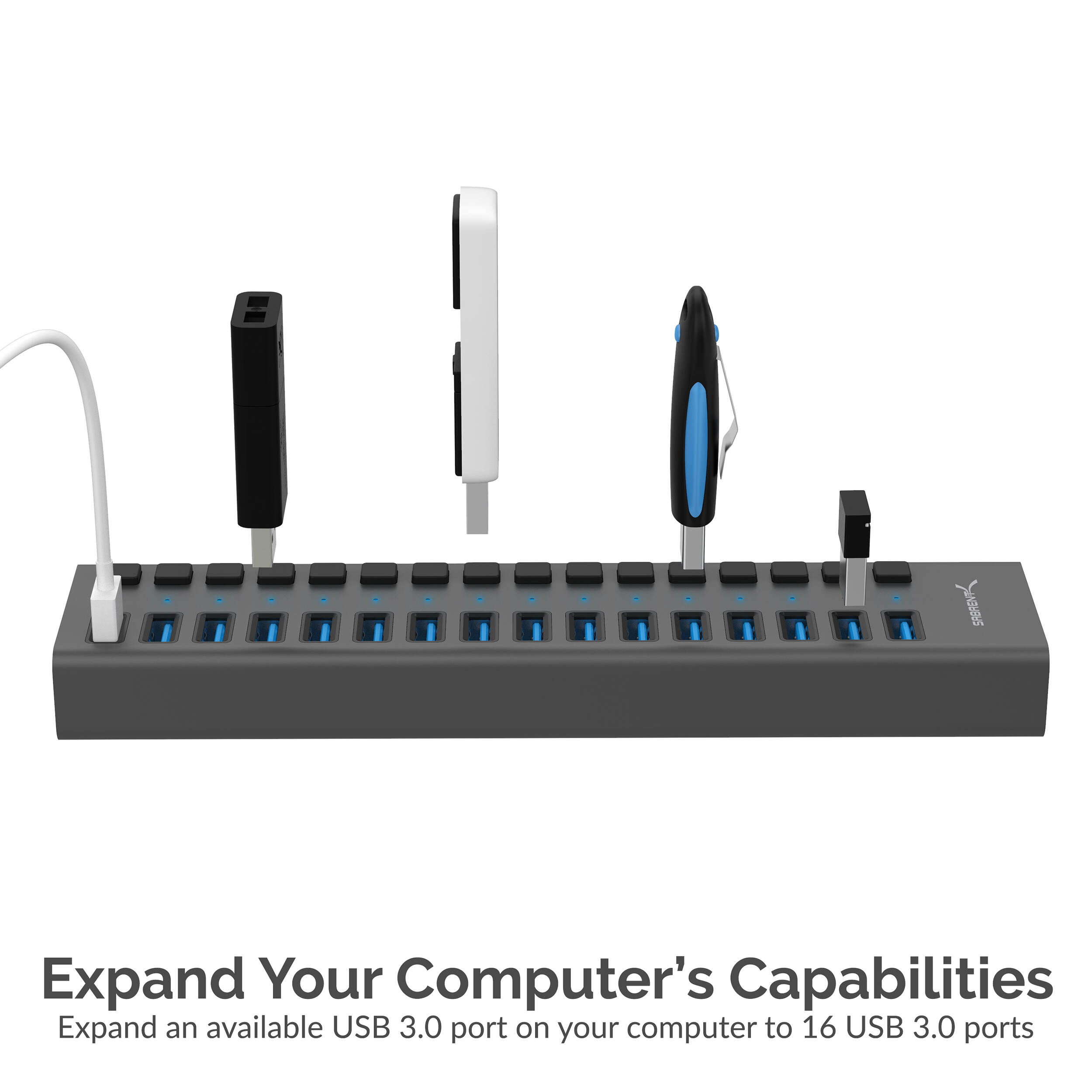Sabrent 16-port USB 3.0 data hub and charger with individual switches and 90 W output — view 3