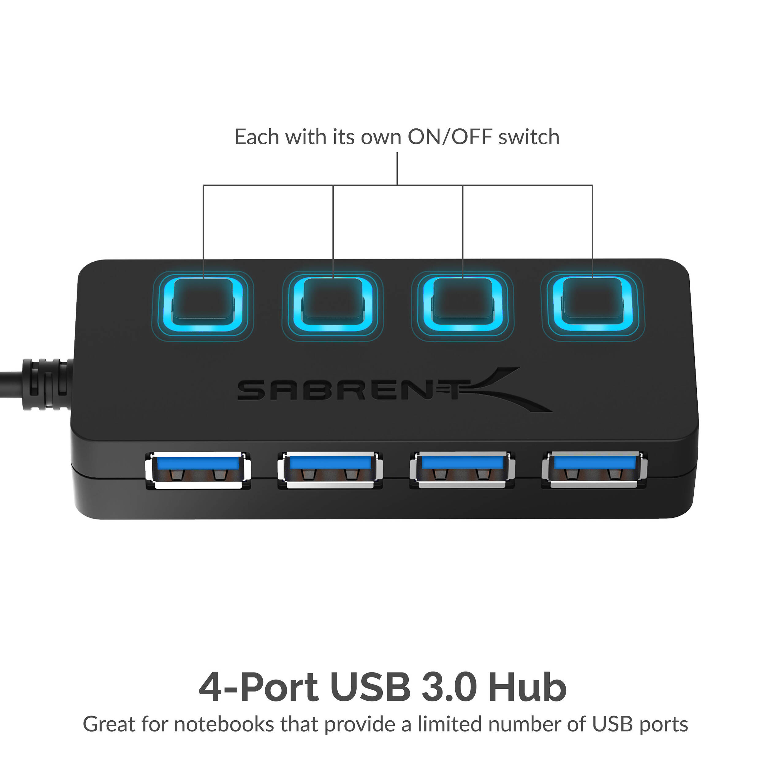 SABRENT USB 3.0 HUB W/ POWER SWITCHES — view 2