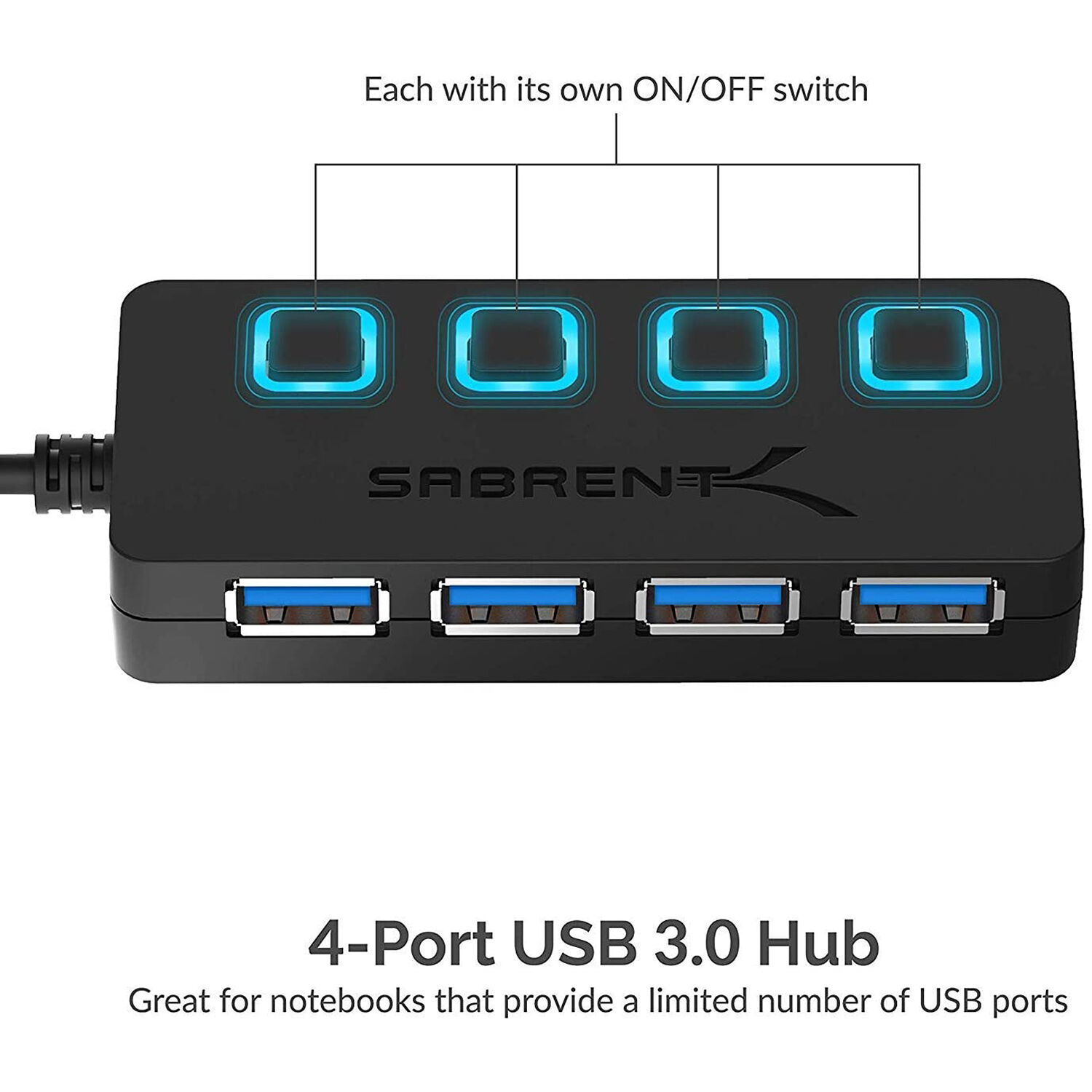 SABRENT 4PORT USB 3.0 HUB WITH POWER ADAPTER AND LED SWITCHES — view 2