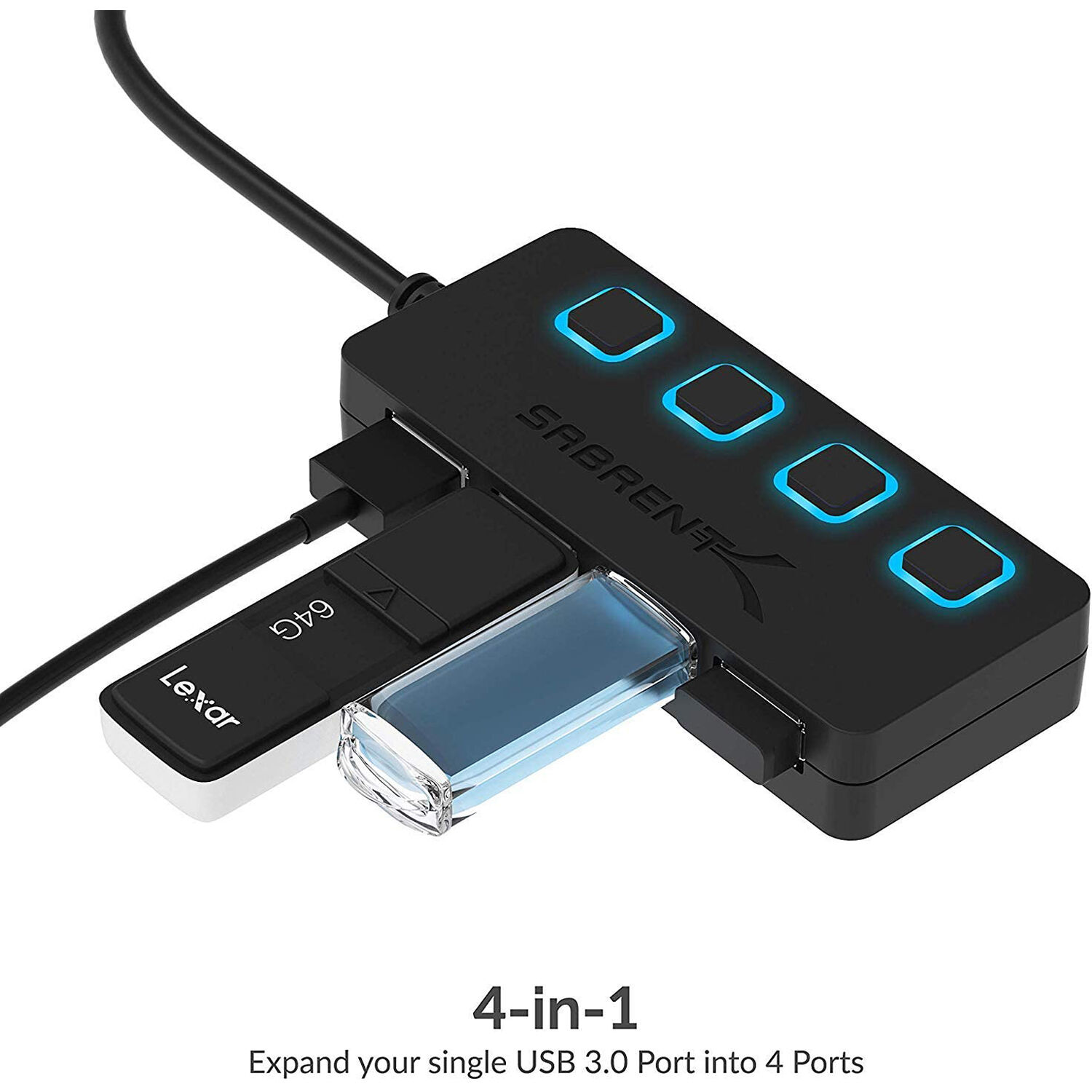 SABRENT 4PORT USB 3.0 HUB WITH POWER ADAPTER AND LED SWITCHES — view 3