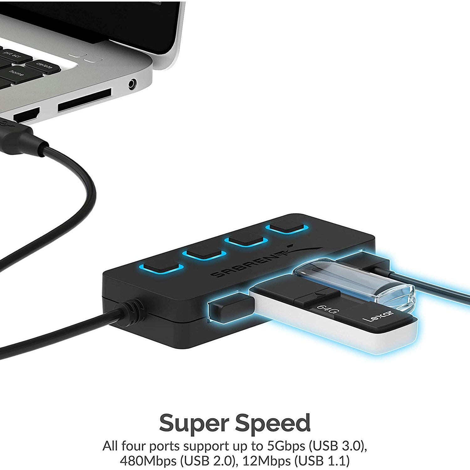 SABRENT 4PORT USB 3.0 HUB WITH POWER ADAPTER AND LED SWITCHES — view 4
