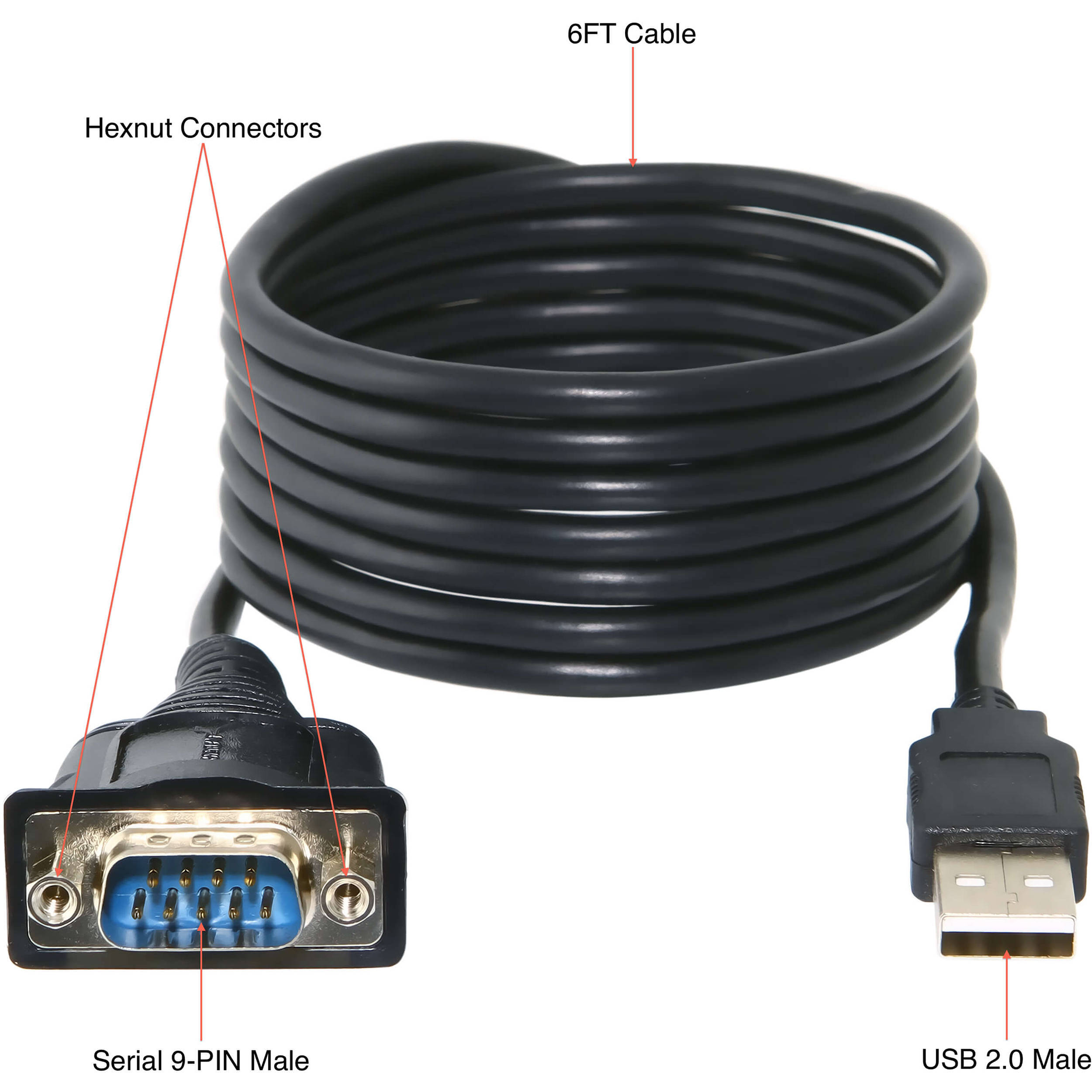 SABRENT 6FT USB SERIAL DB9 CABLE 6 FTDI CHIPSET THUMBSCREWS — view 2